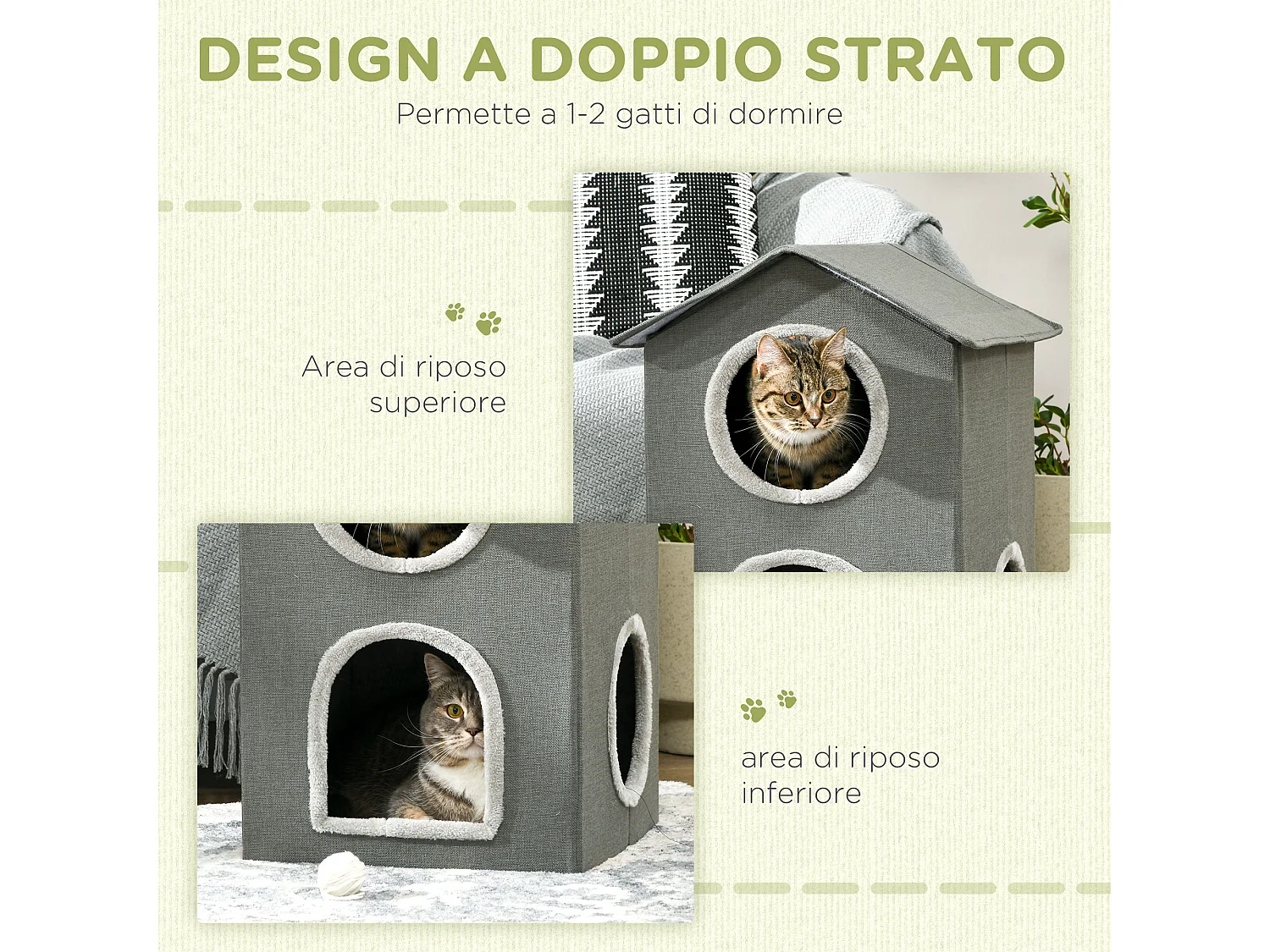 Casetta per gatti due livelli con cuscini lavabili 42x46x59.5cm grigio