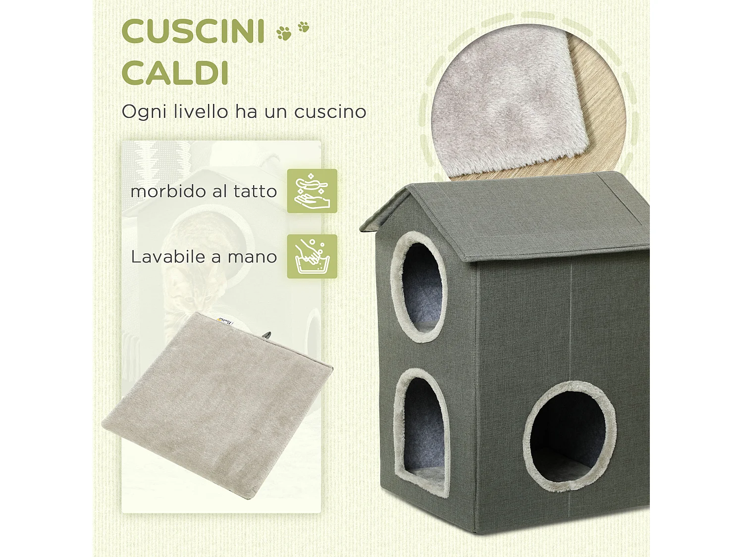 Casetta per gatti due livelli con cuscini lavabili 42x46x59.5cm grigio