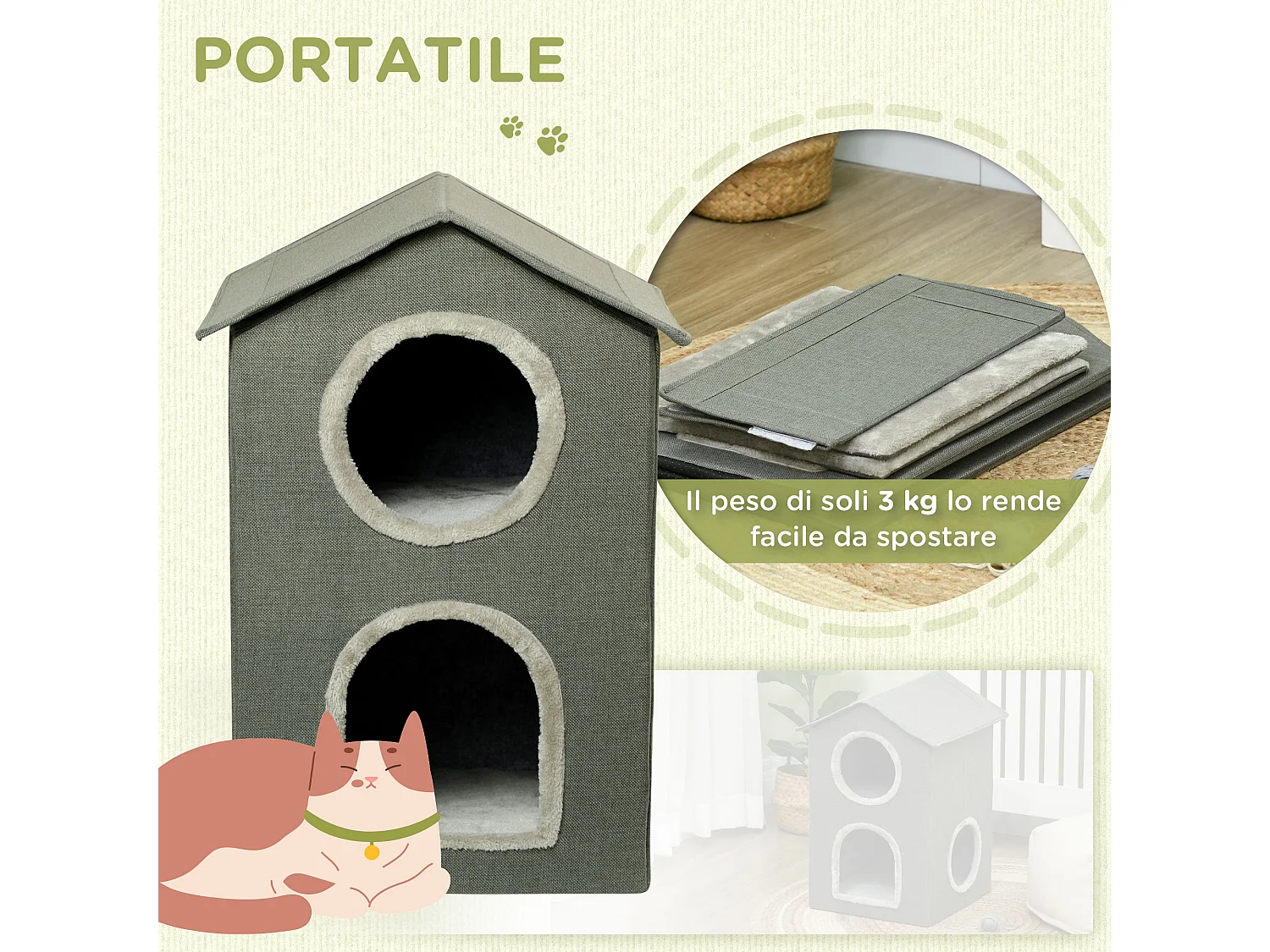 Casetta per gatti due livelli con cuscini lavabili 42x46x59.5cm grigio