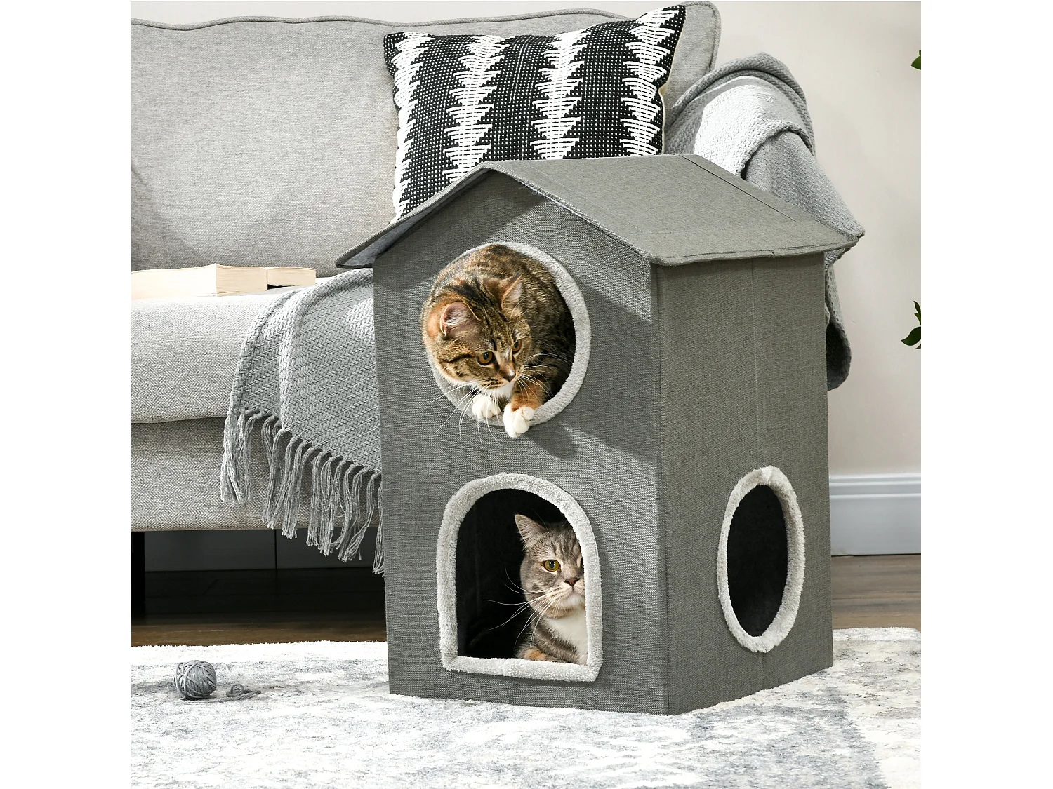 Casetta per gatti due livelli con cuscini lavabili 42x46x59.5cm grigio