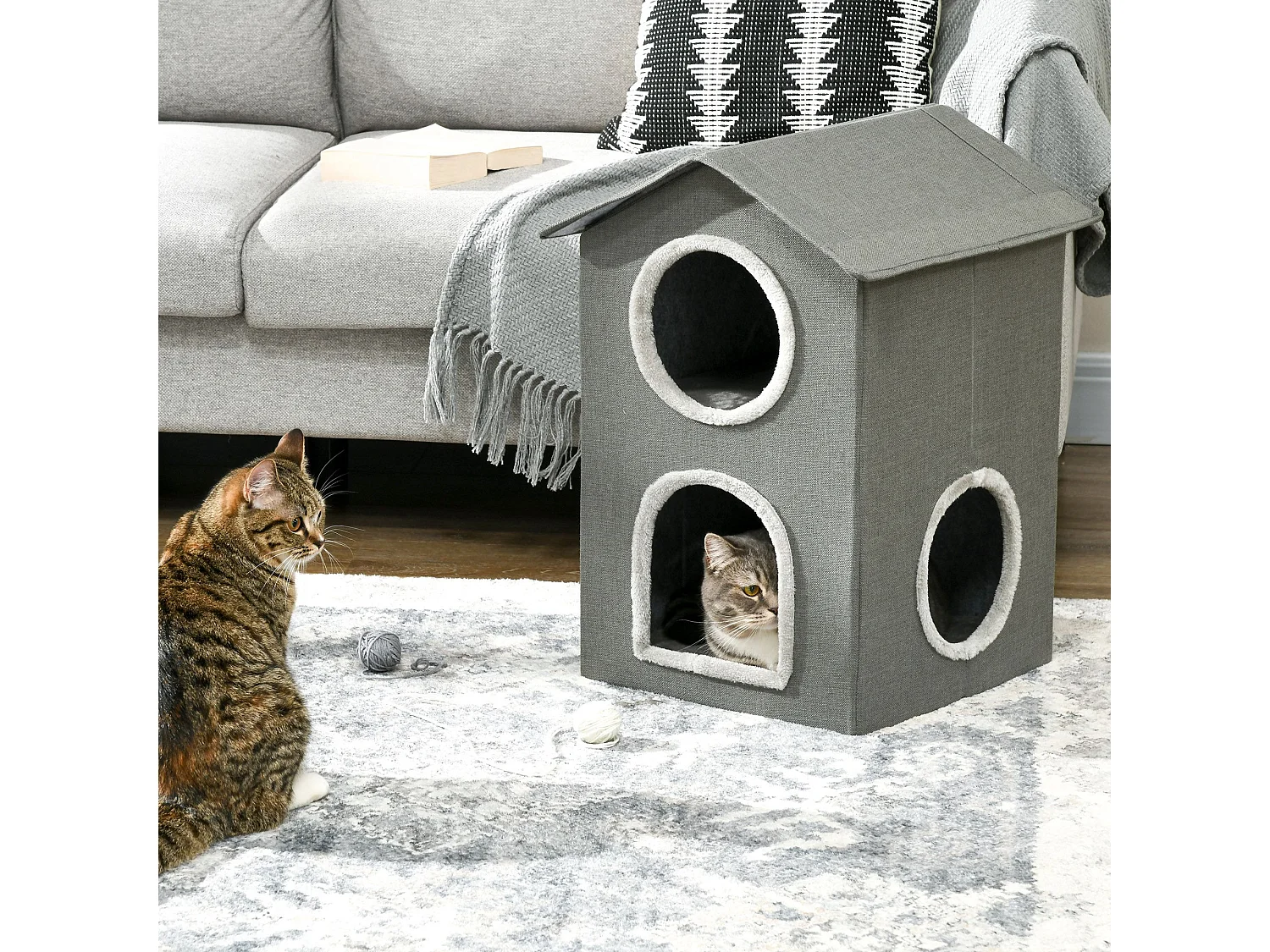 Casetta per gatti due livelli con cuscini lavabili 42x46x59.5cm grigio