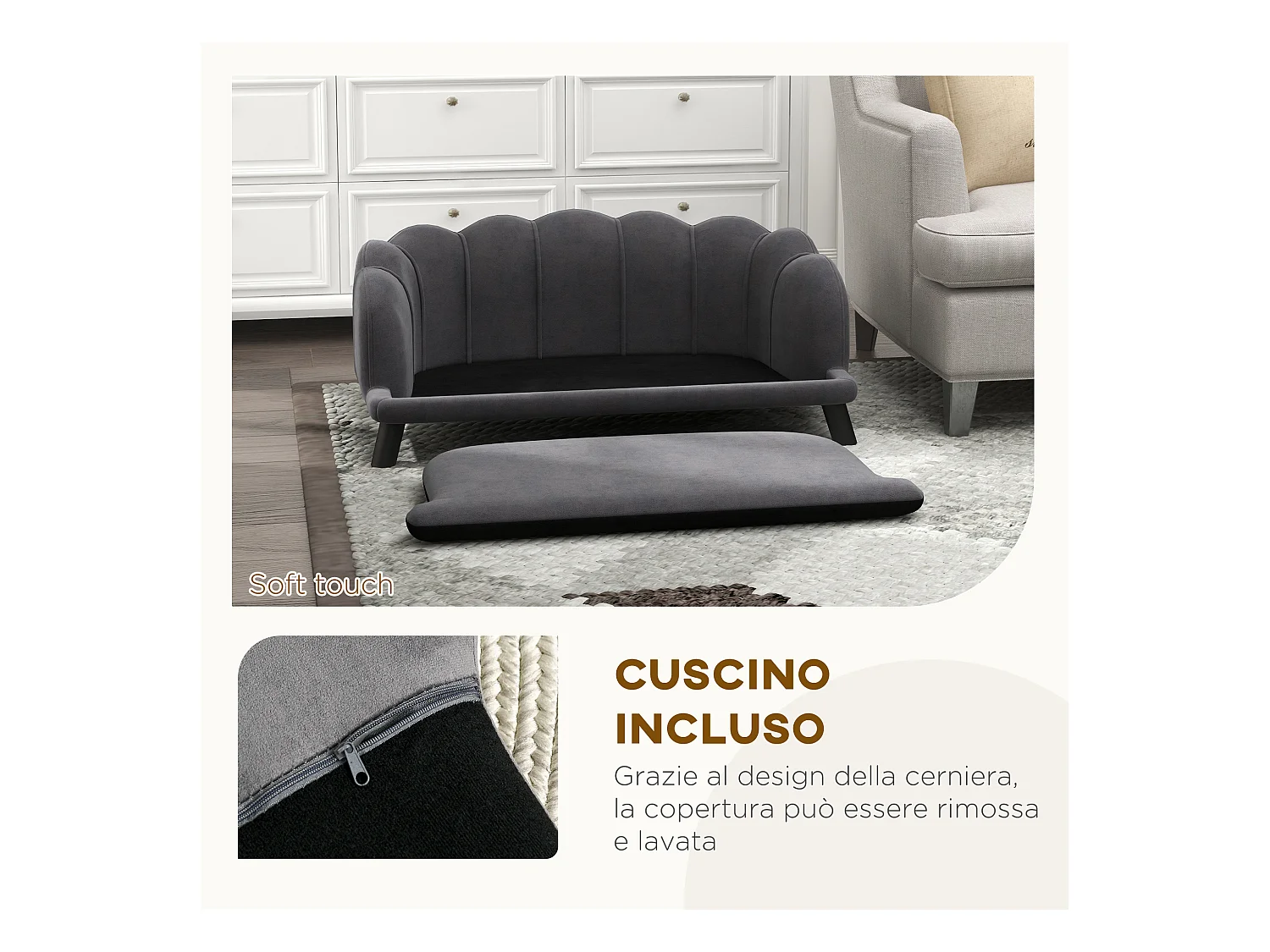 Divano per cani taglia medio-grande max.25kg sfoderabile lavabile grigio