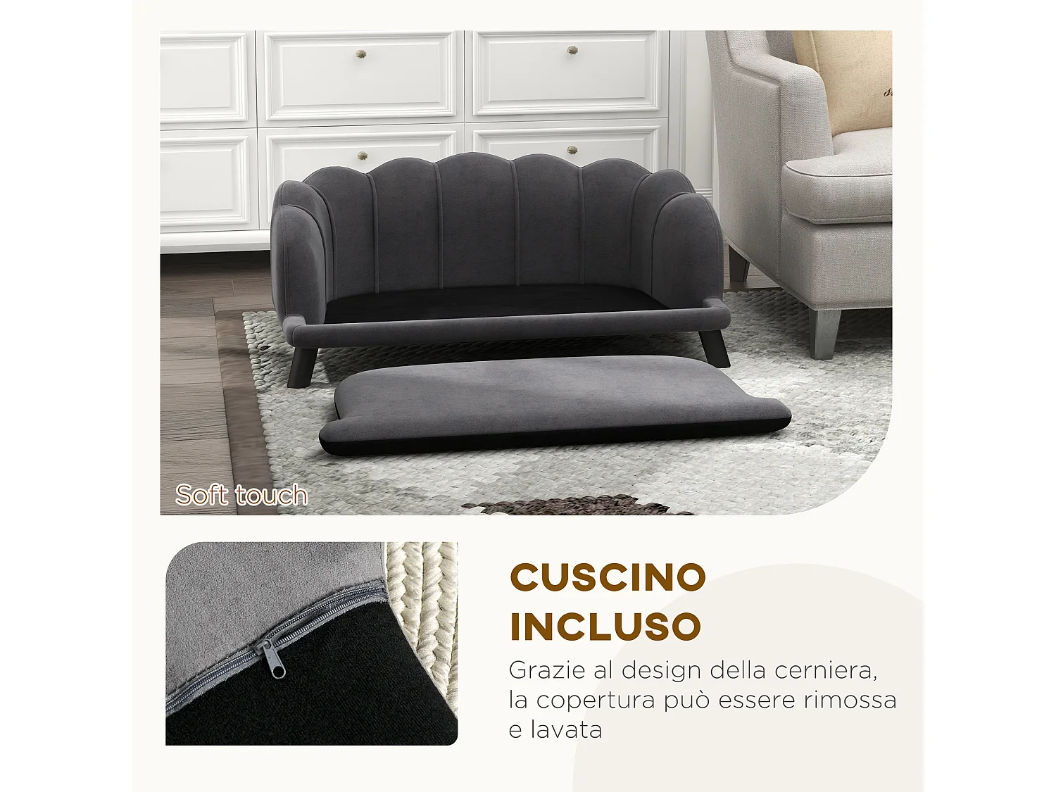 Divano per cani taglia medio-grande max.25kg sfoderabile lavabile grigio