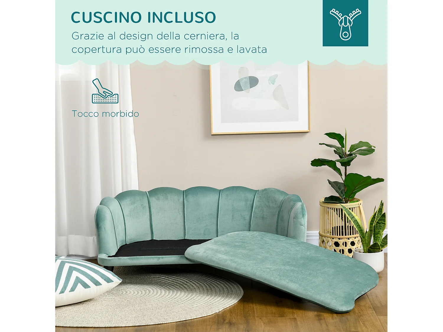 Divano per cani taglia medio-grande max.25kg sfoderabile lavabile verde