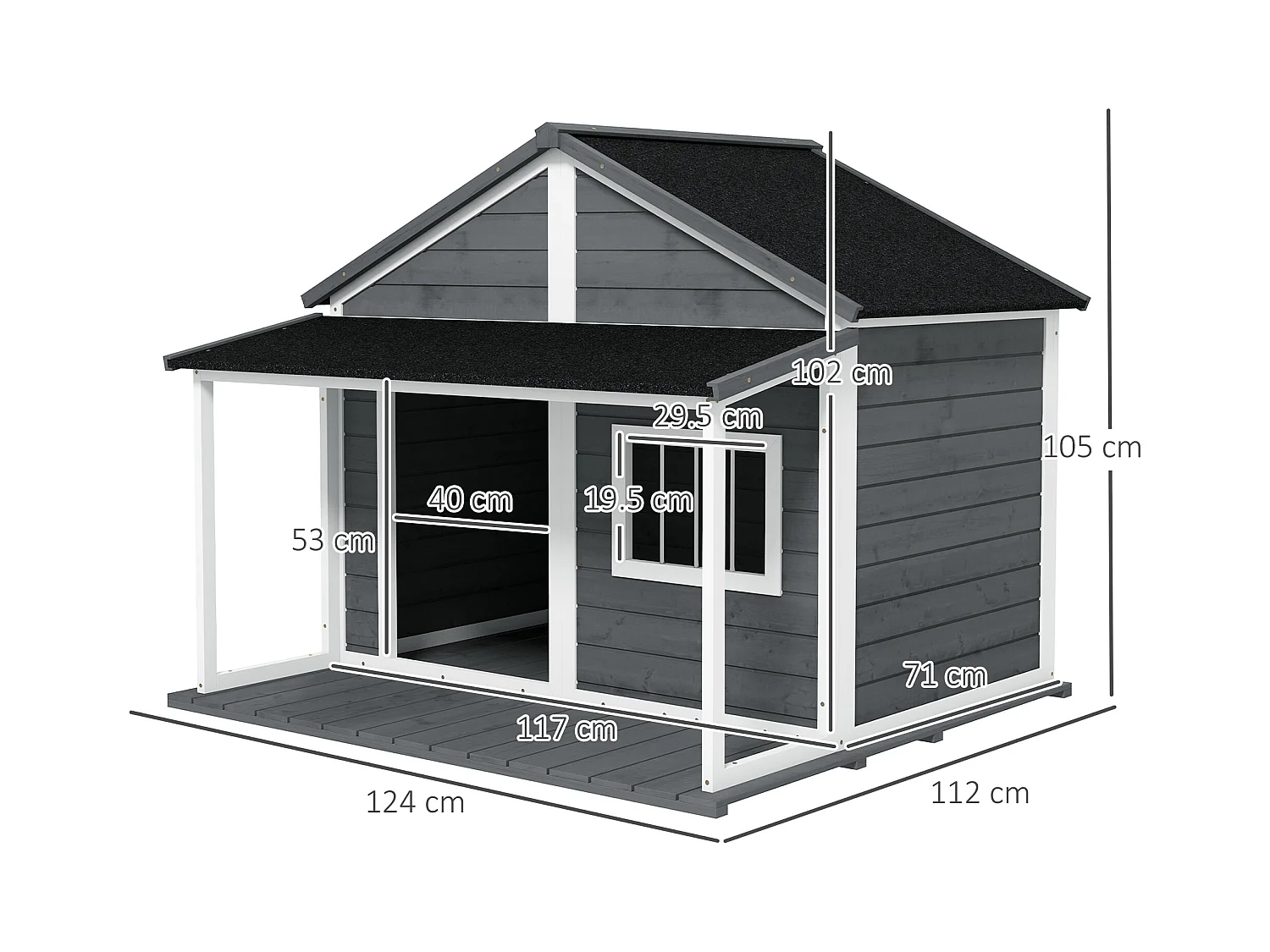 Cuccia per cani da esterno con terrazza e finestra 124x112x105cm, grigio