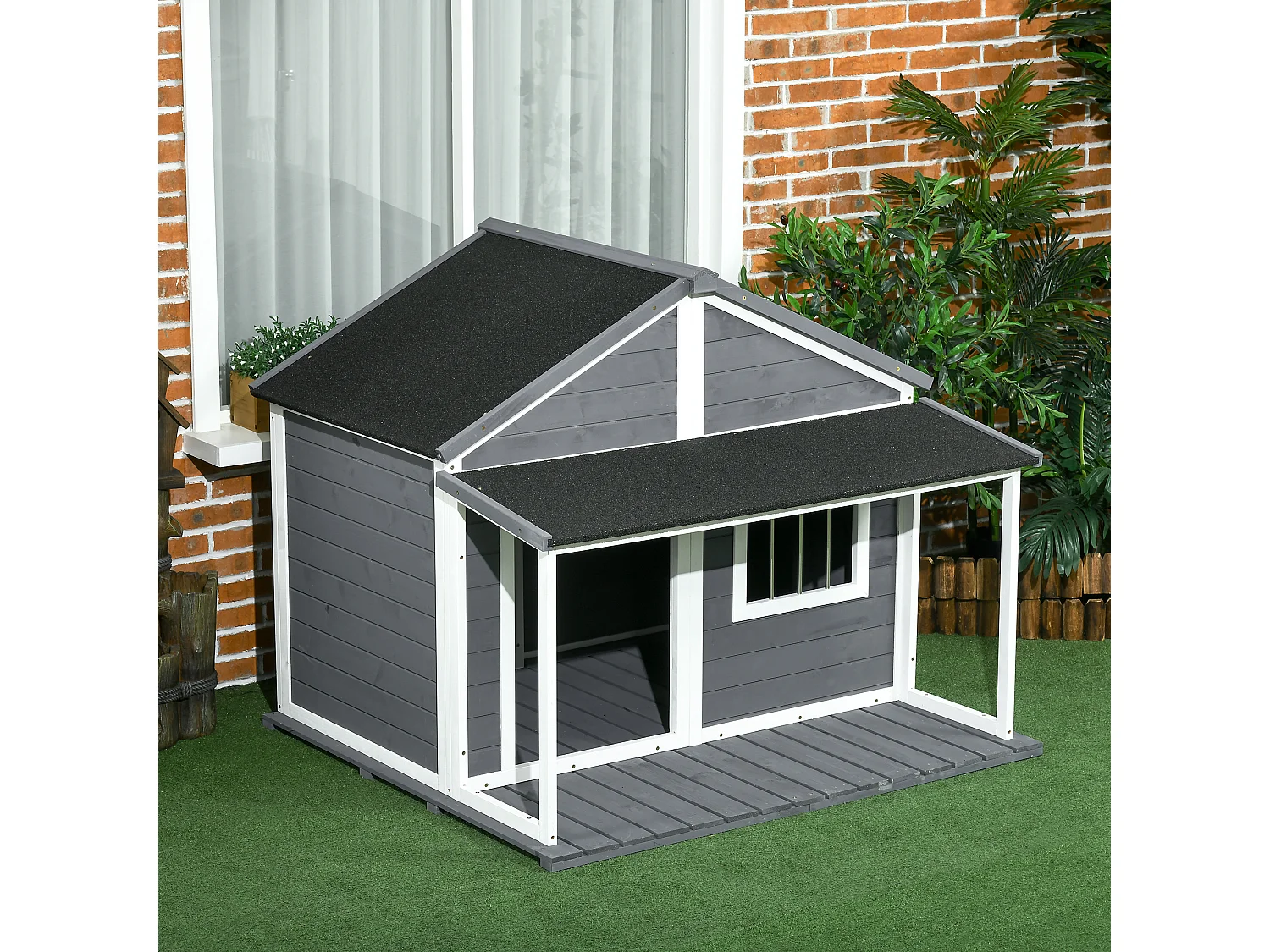 Cuccia per cani da esterno con terrazza e finestra 124x112x105cm, grigio