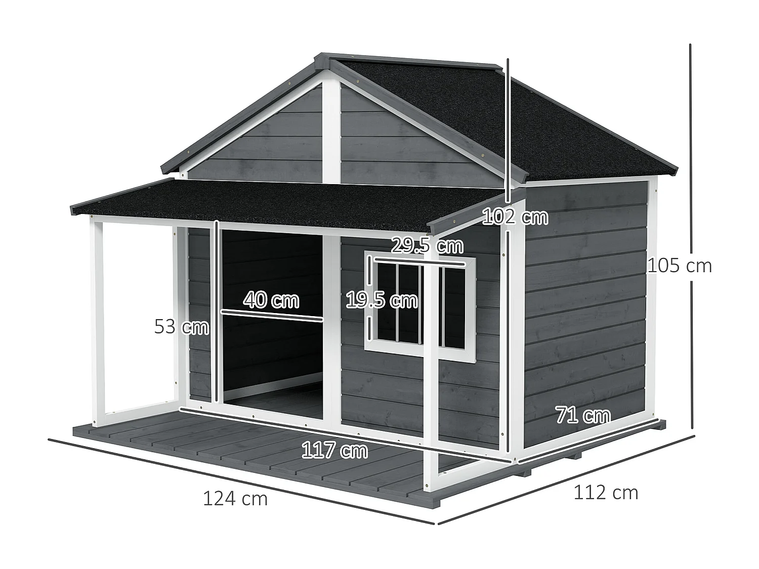 Cuccia per cani da esterno con terrazza e finestra 124x112x105cm, grigio
