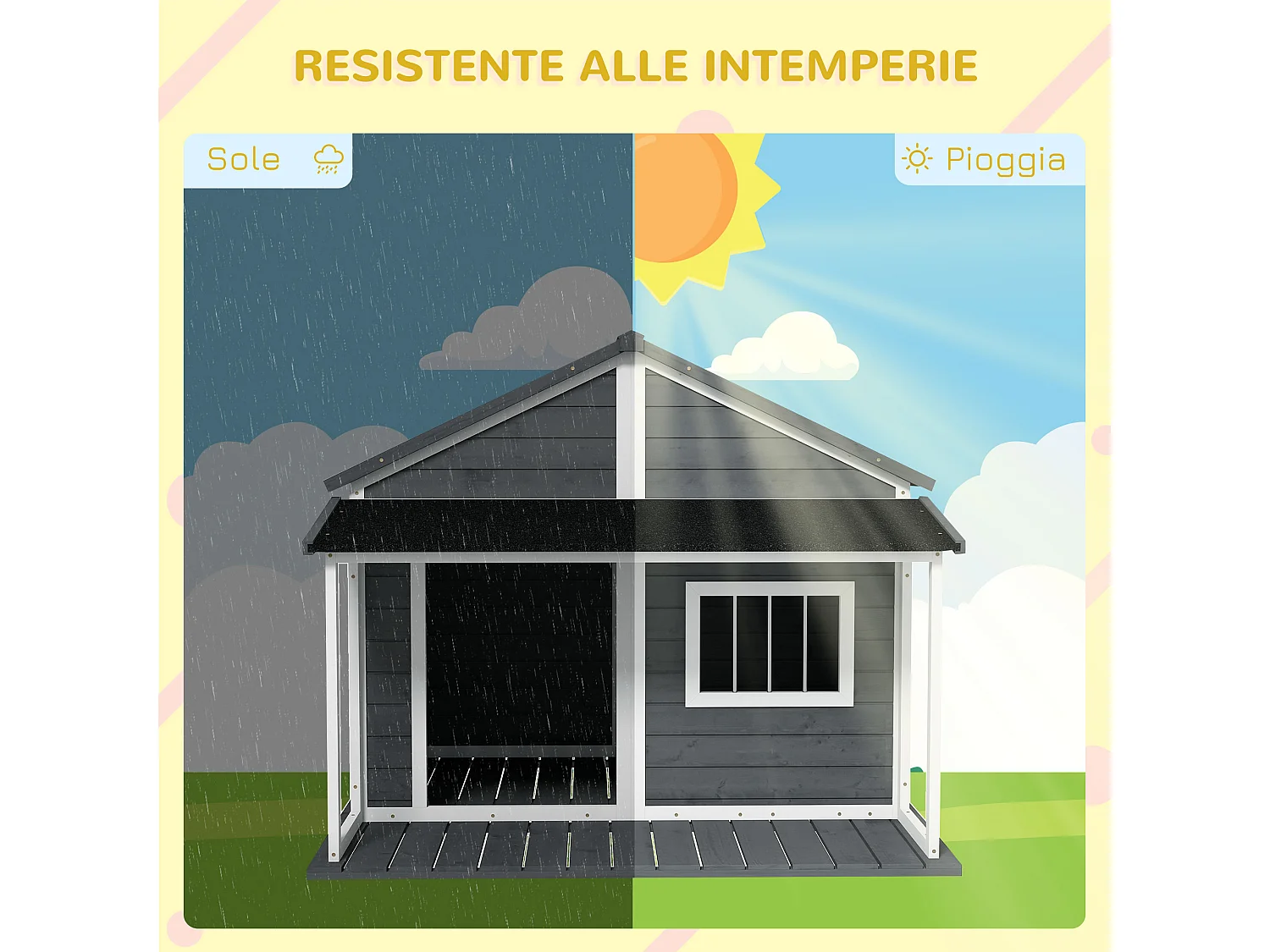 Cuccia per cani da esterno con terrazza e finestra 124x112x105cm, grigio