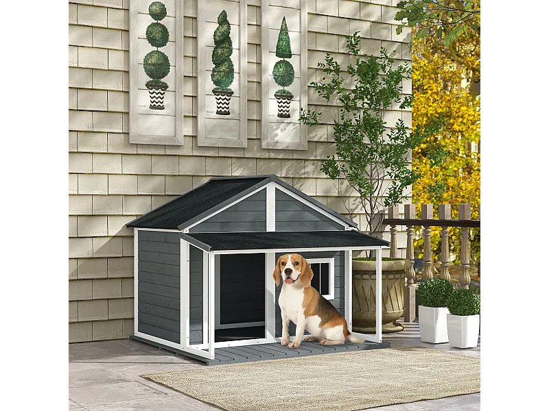 Cuccia per cani da esterno con terrazza e finestra 124x112x105cm, grigio
