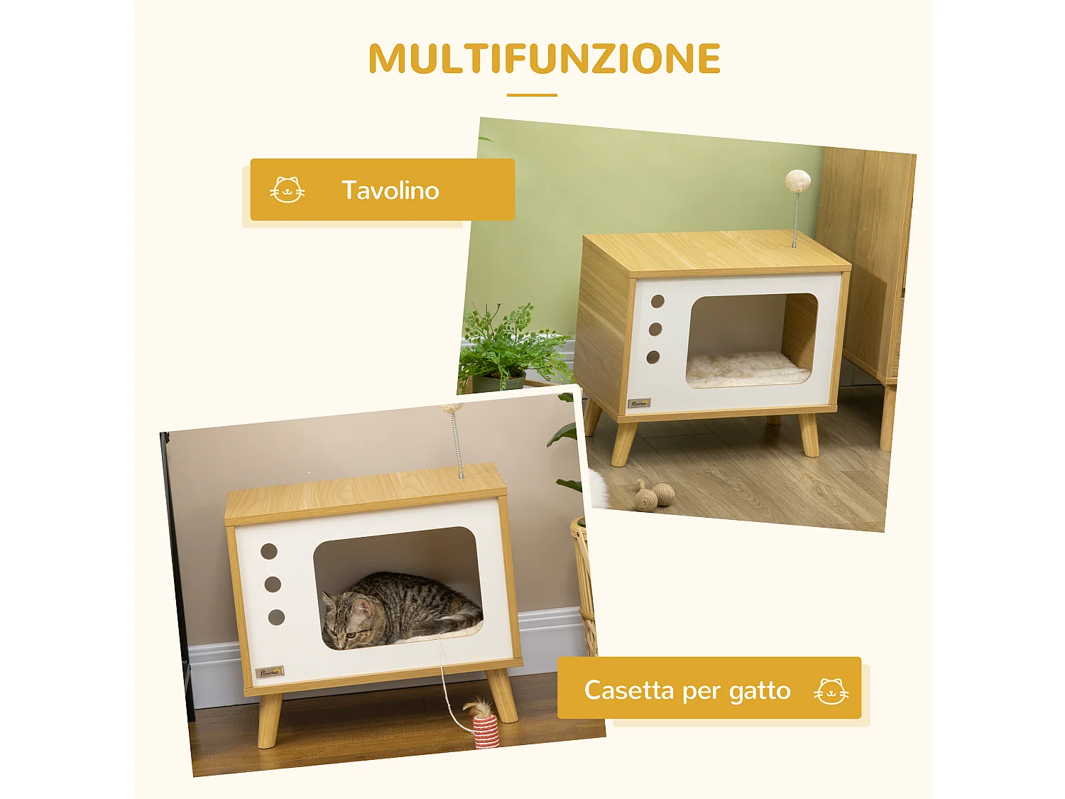 Casetta per gatti con cuscino e pallina giocattolo multicolore