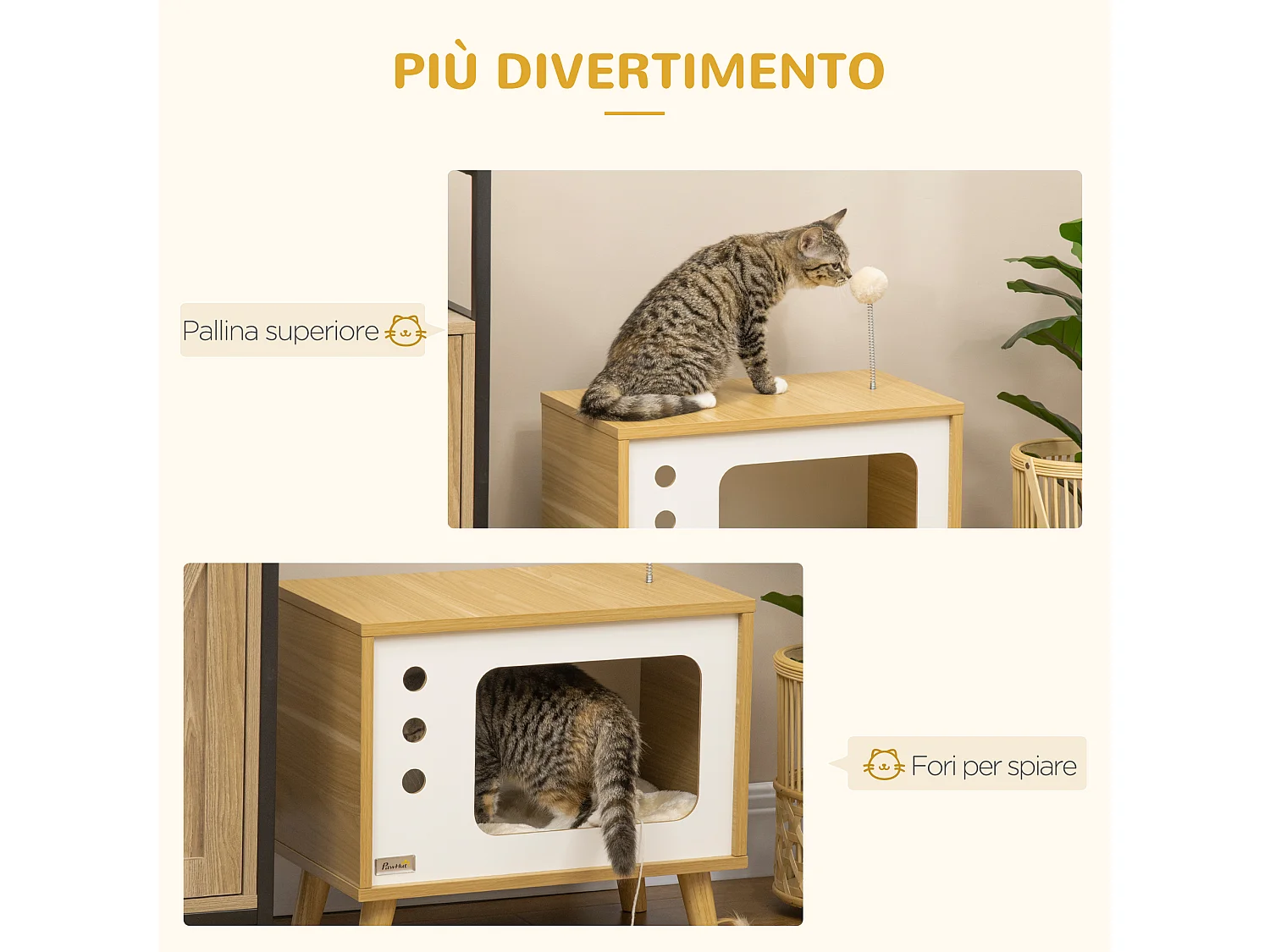 Casetta per gatti con cuscino e pallina giocattolo multicolore