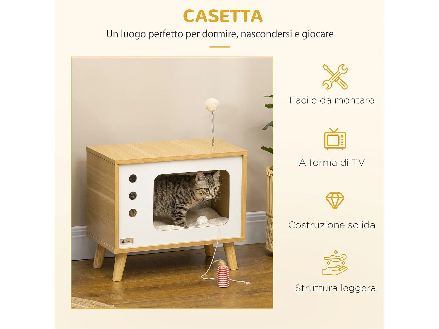 Casetta per gatti con cuscino e pallina giocattolo multicolore