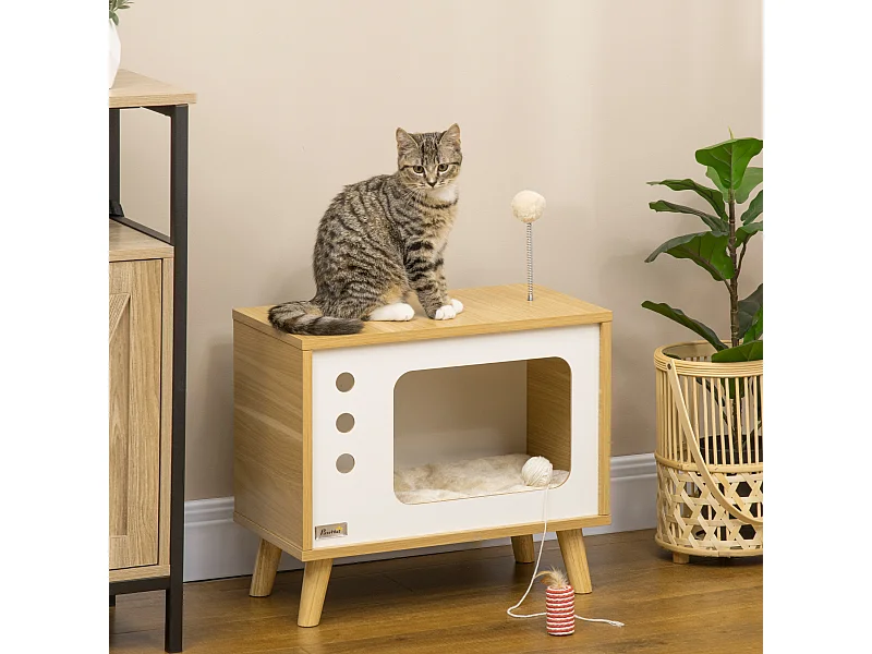 Casetta per gatti con cuscino e pallina giocattolo multicolore