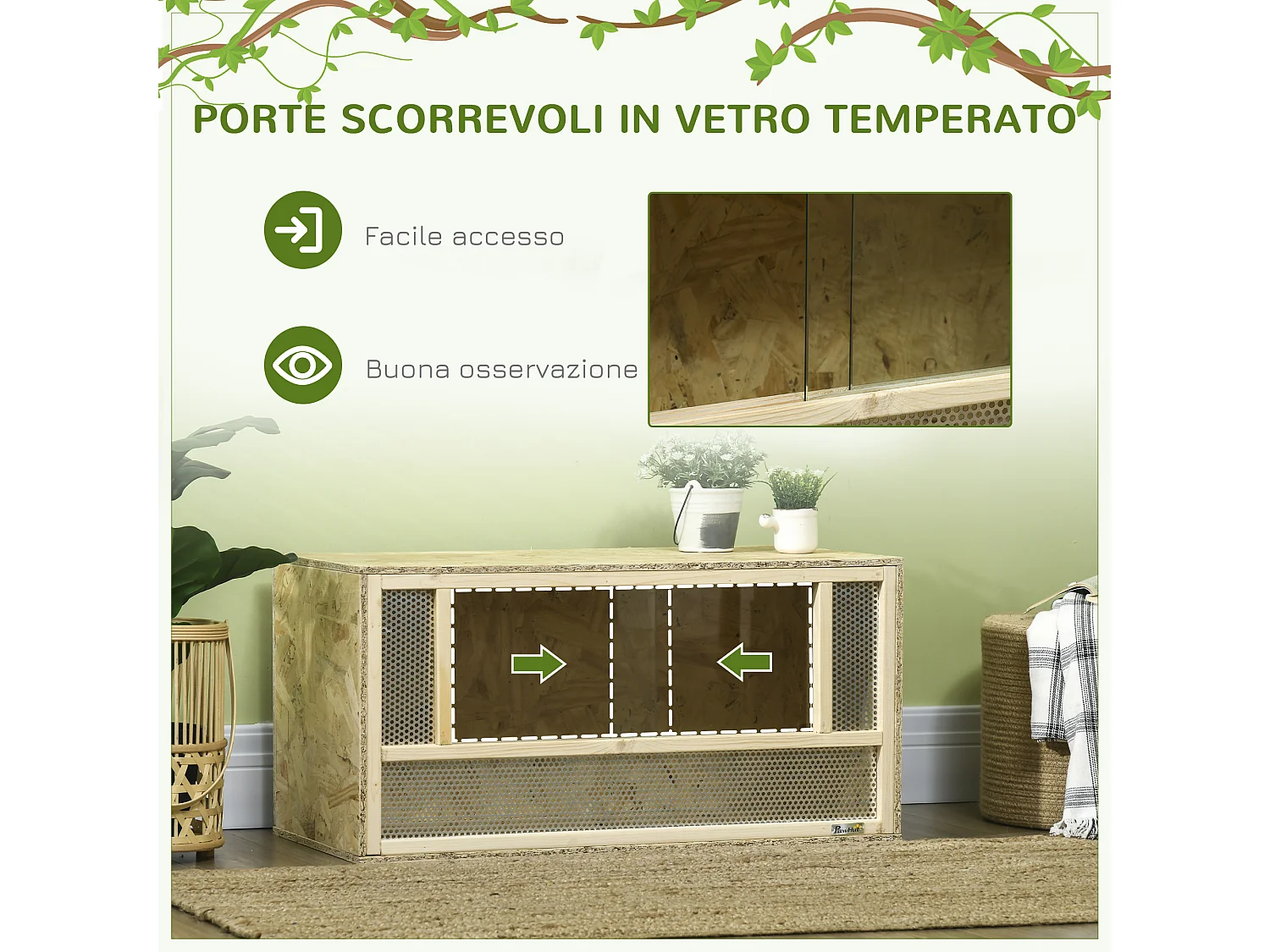 Terrario per rettili in legno porte in vetro e pannelli a rete 40x80x40cm