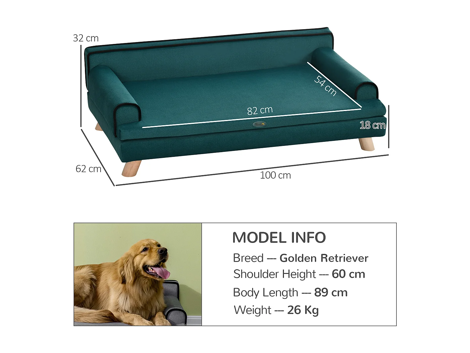 Divano per cani grandi con rivestimento morbido e lavabile verde