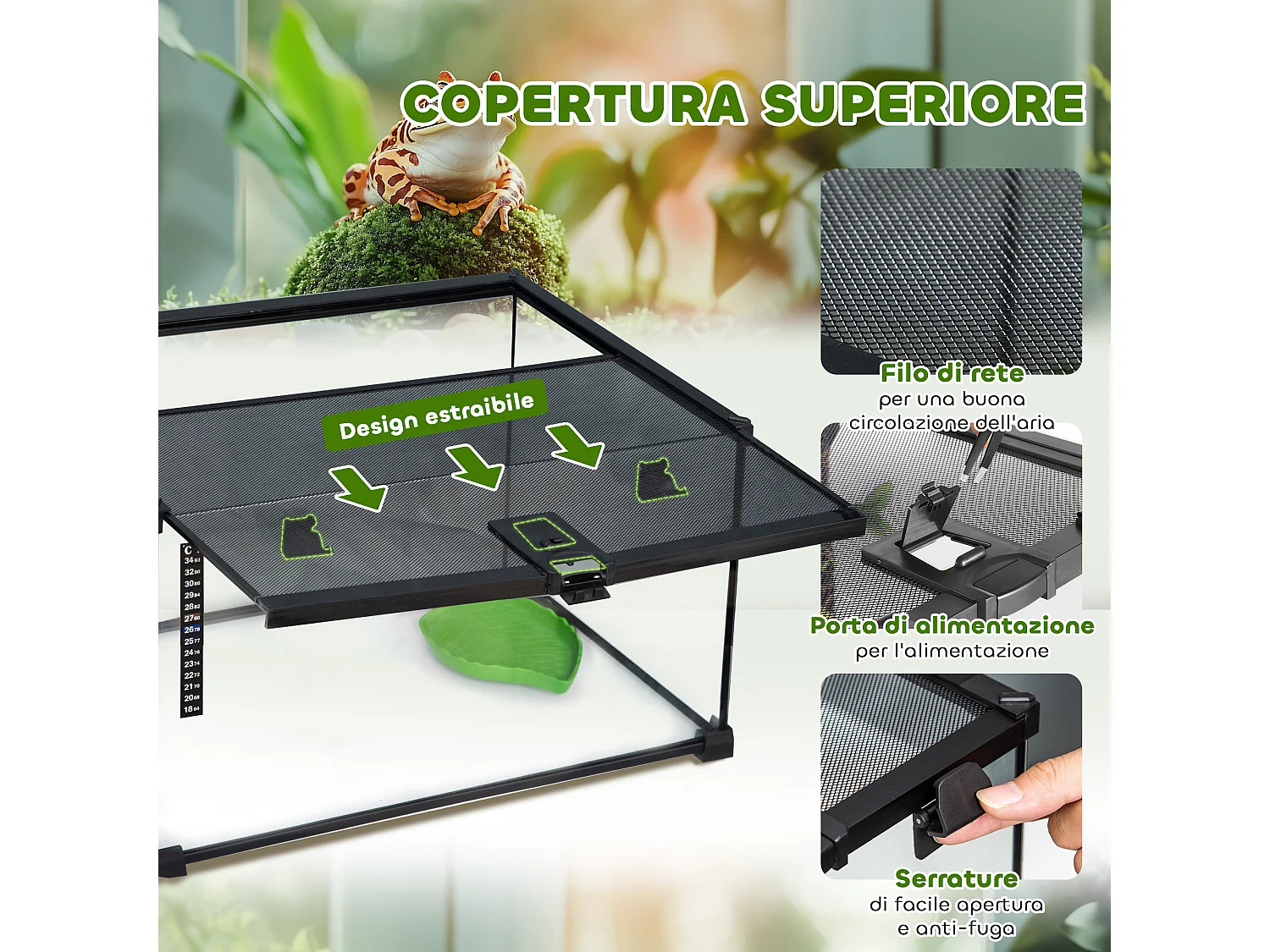 Terrario per rettili rialzato con serratura e termometro 50x30x25 cm nero
