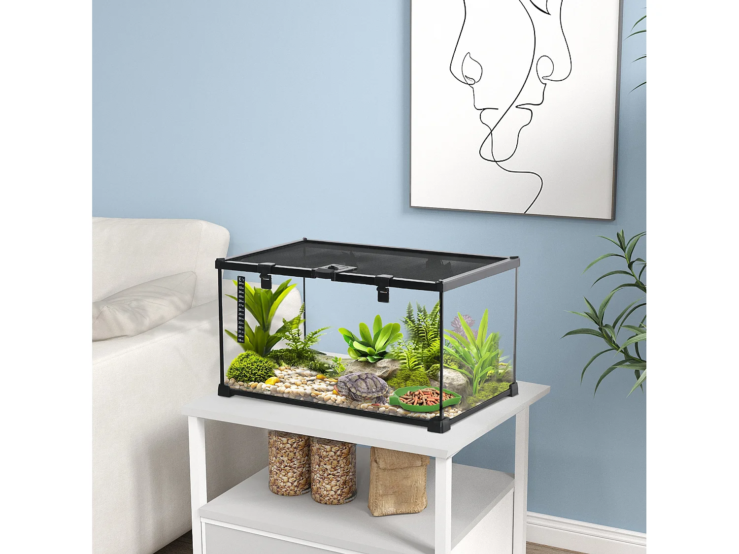 Terrario per rettili rialzato con serratura e termometro 50x30x25 cm nero