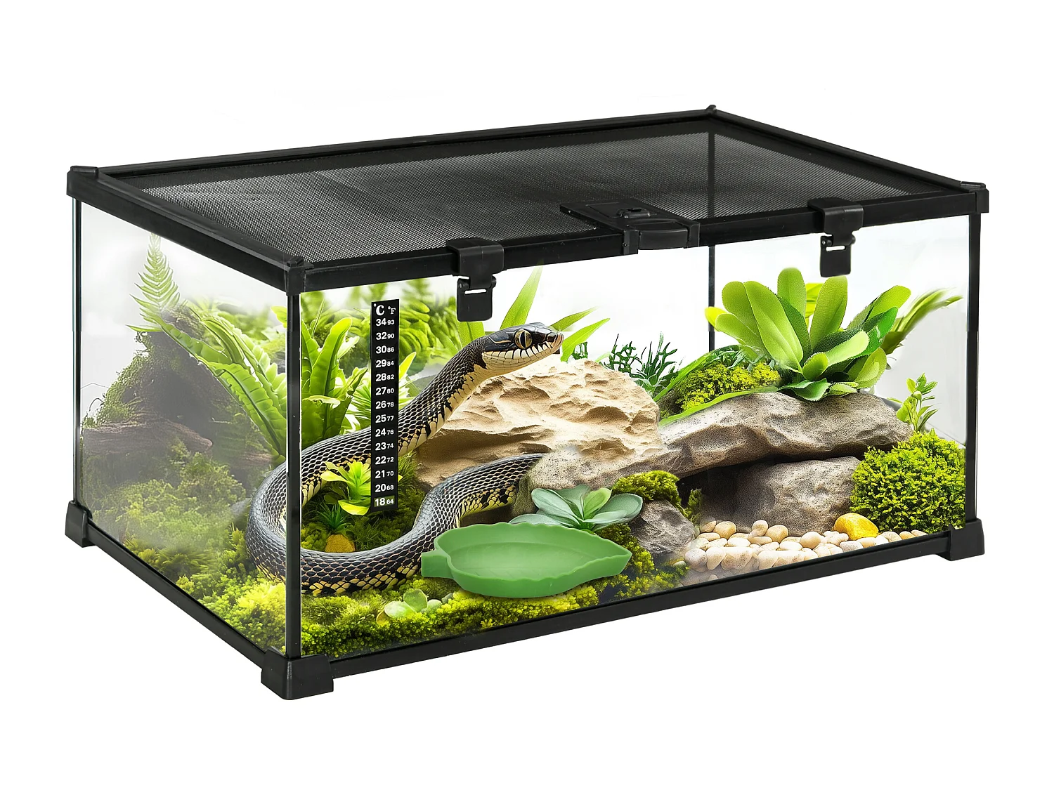 Terrario per rettili rialzato con serratura e termometro 50x30x25 cm nero