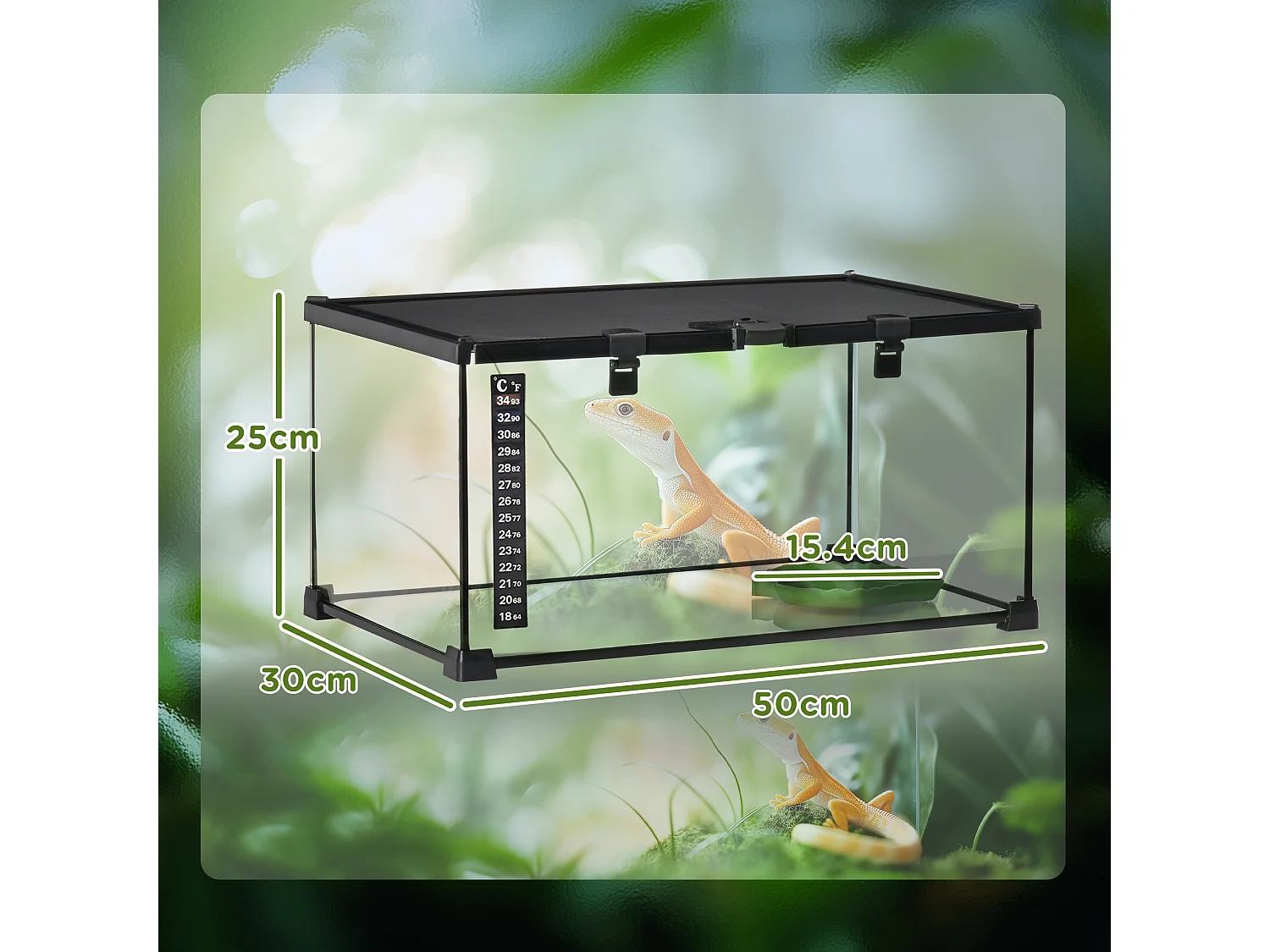 Terrario per rettili rialzato con serratura e termometro 50x30x25 cm nero