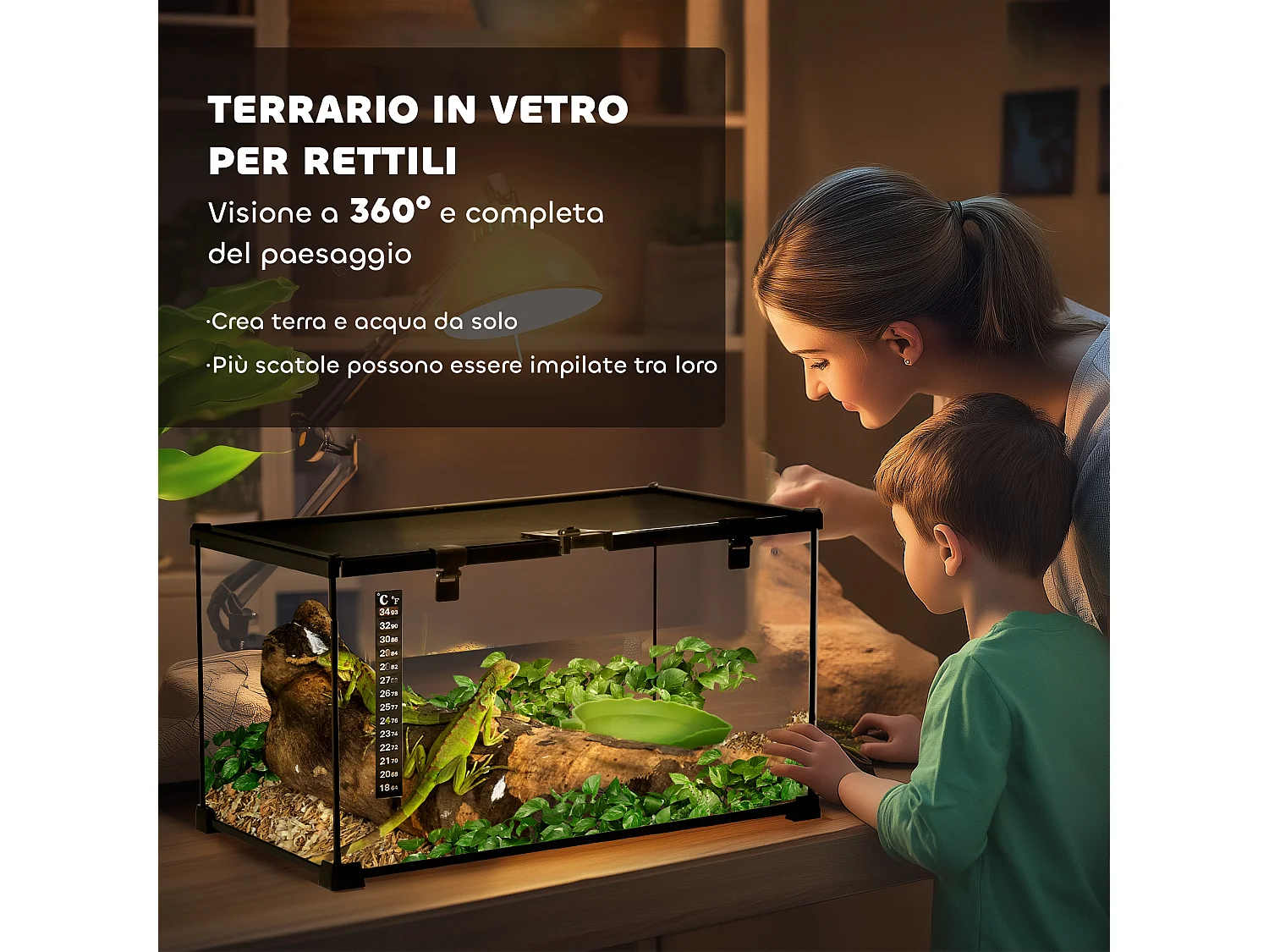 Terrario per rettili rialzato con serratura e termometro 50x30x25 cm nero