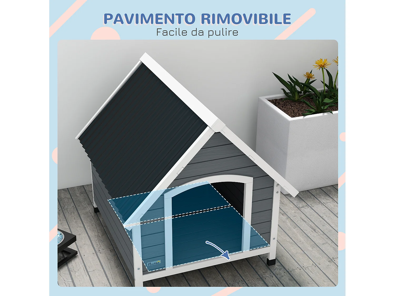Cuccia per cani grandi in legno con pavimento rimovibile 84x99x87cm