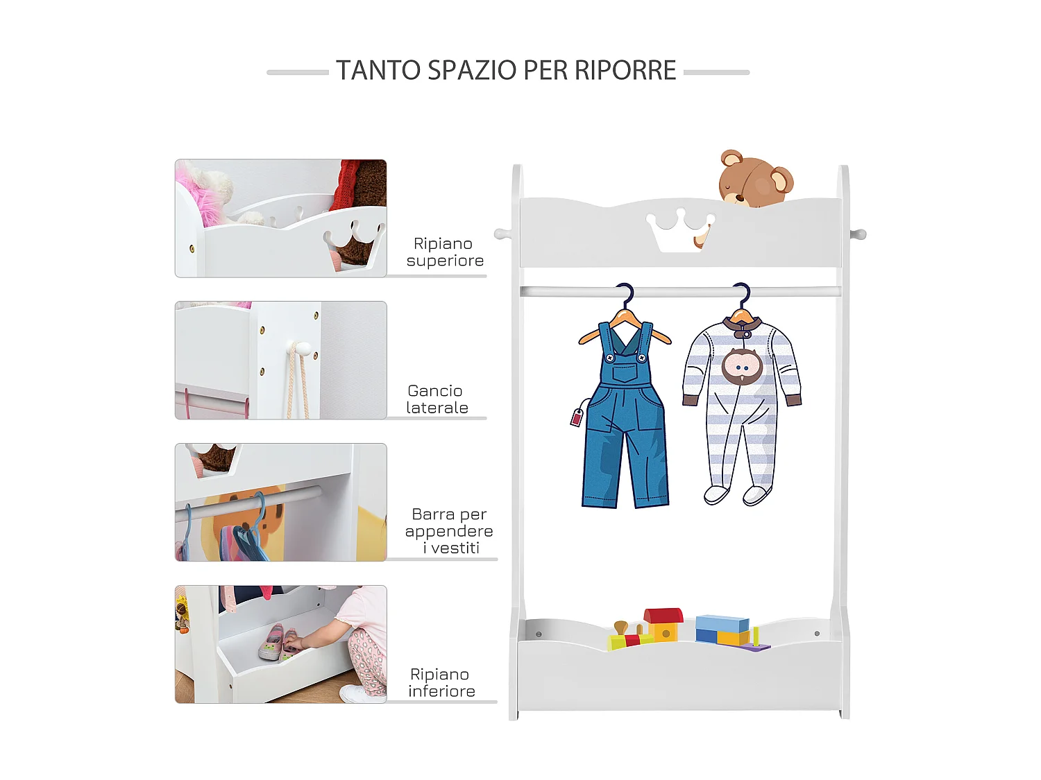 Appendiabiti per cameretta in legno ripiani e ganci 63x37x103cm