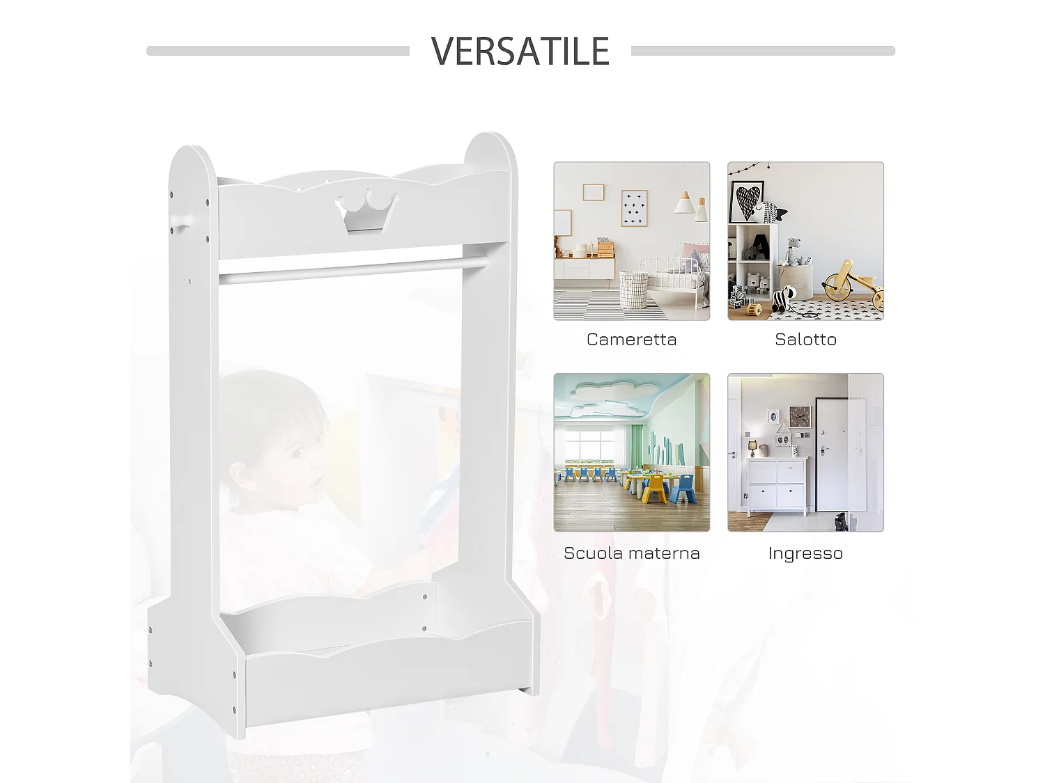 Appendiabiti per cameretta in legno ripiani e ganci 63x37x103cm