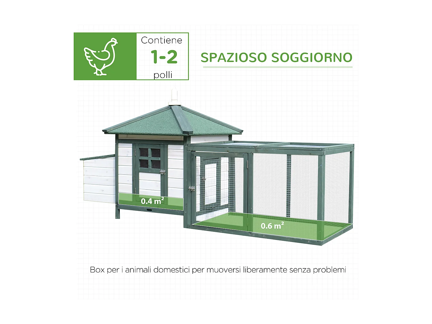 Pollaio da giardino in legno da esterno 196x76x97cm bianco e verde