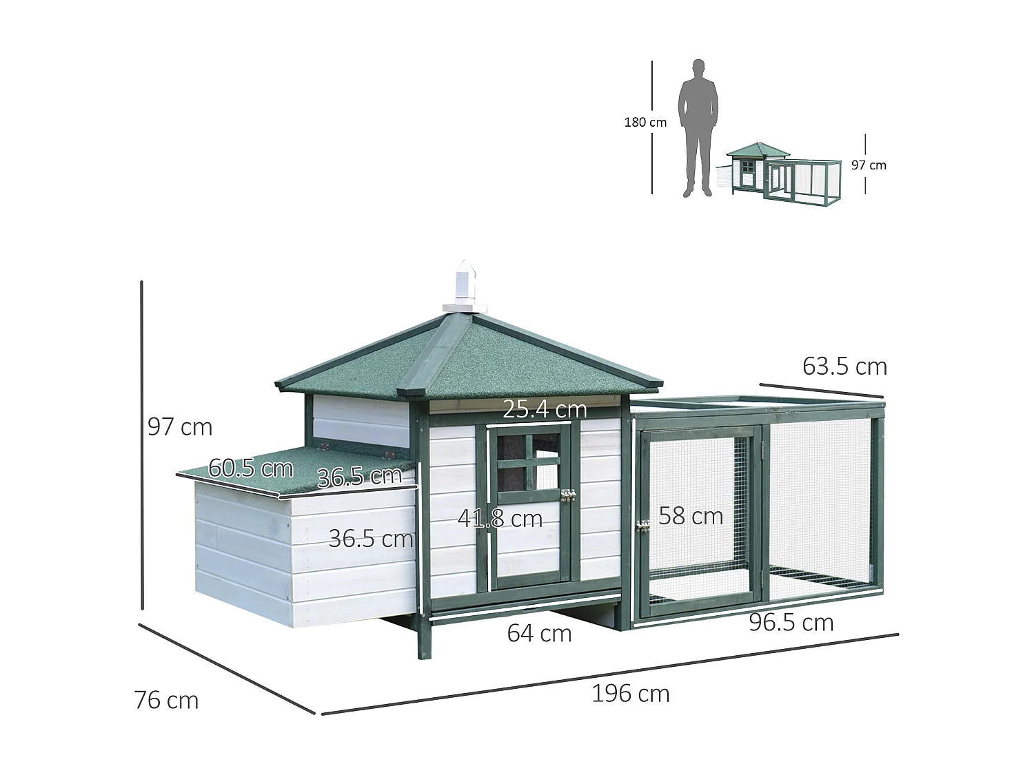Pollaio da giardino in legno da esterno 196x76x97cm bianco e verde