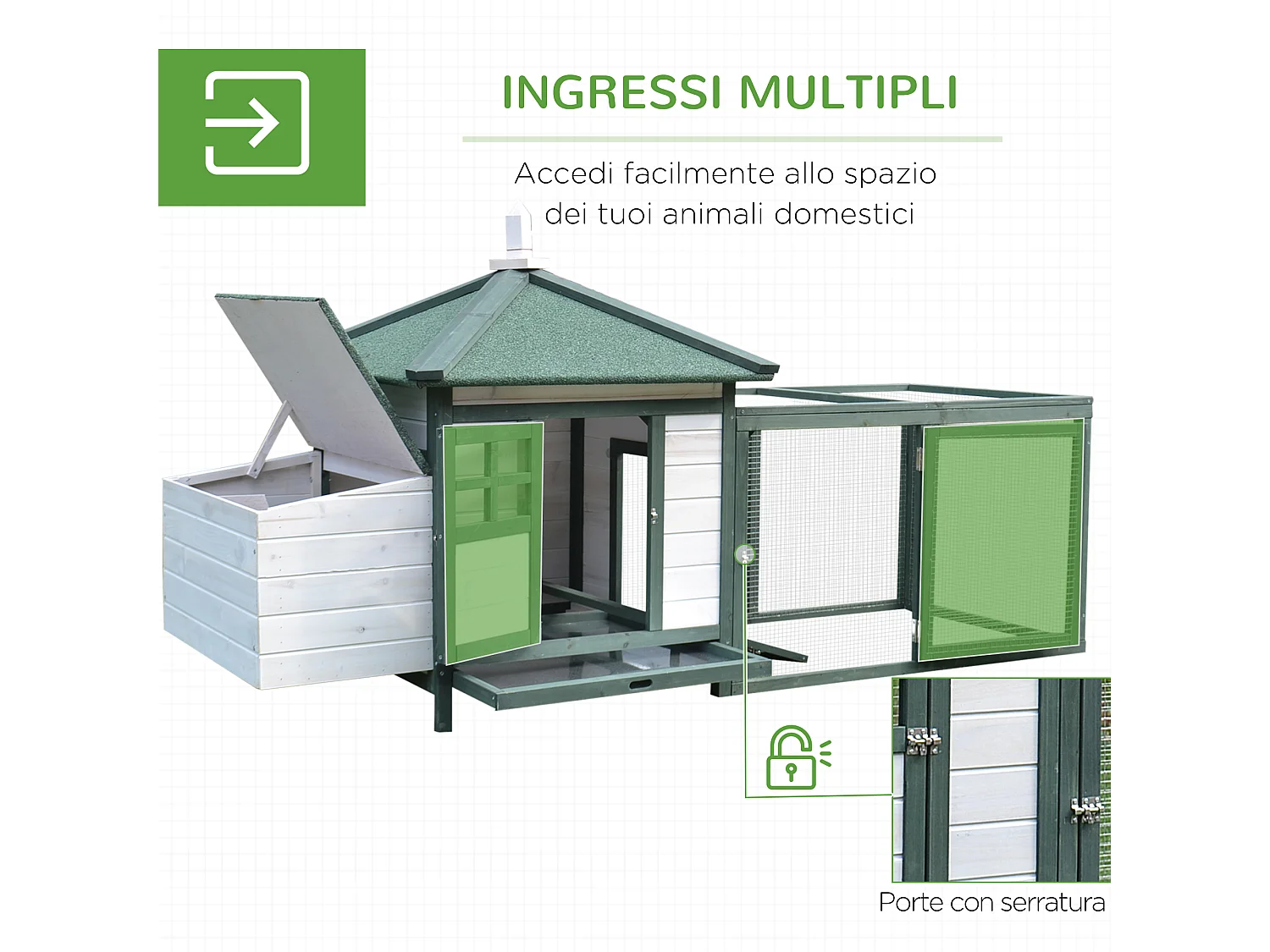 Pollaio da giardino in legno da esterno 196x76x97cm bianco e verde
