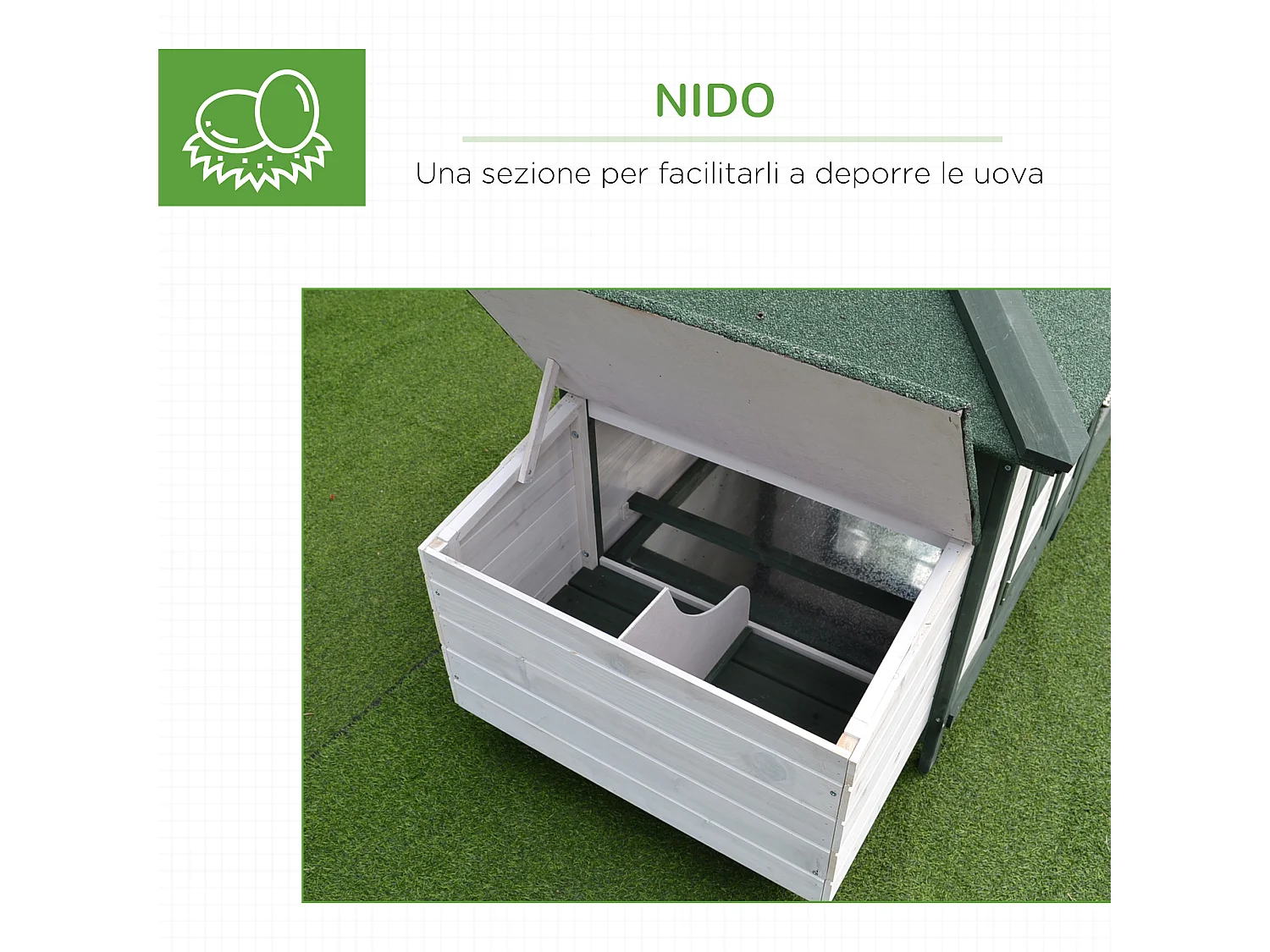 Pollaio da giardino in legno da esterno 196x76x97cm bianco e verde