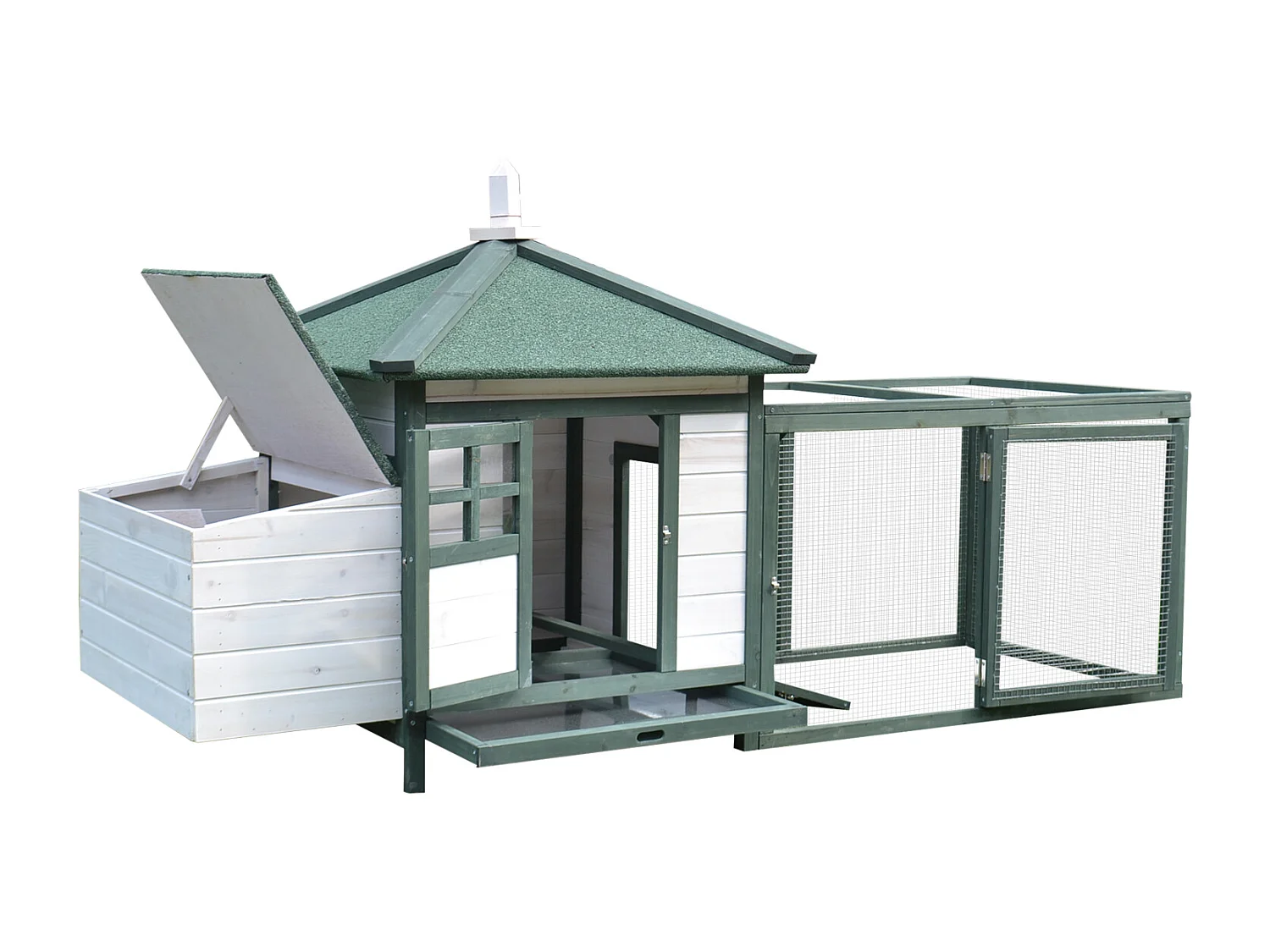 Pollaio da giardino in legno da esterno 196x76x97cm bianco e verde