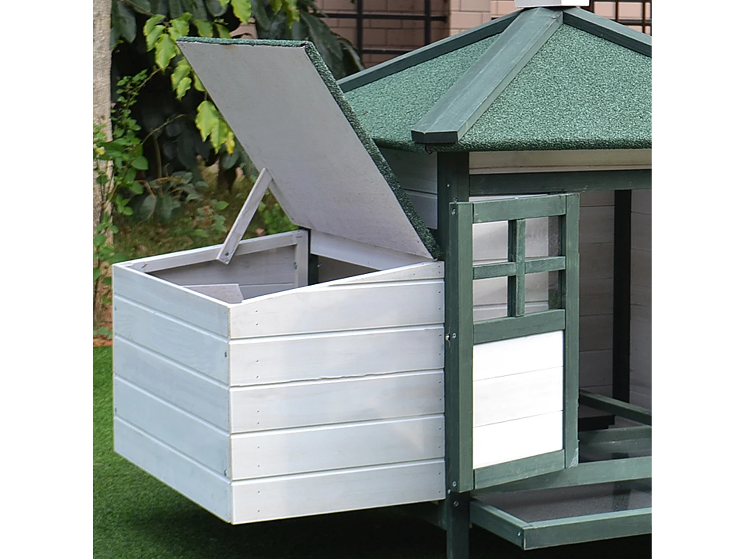 Pollaio da giardino in legno da esterno 196x76x97cm bianco e verde
