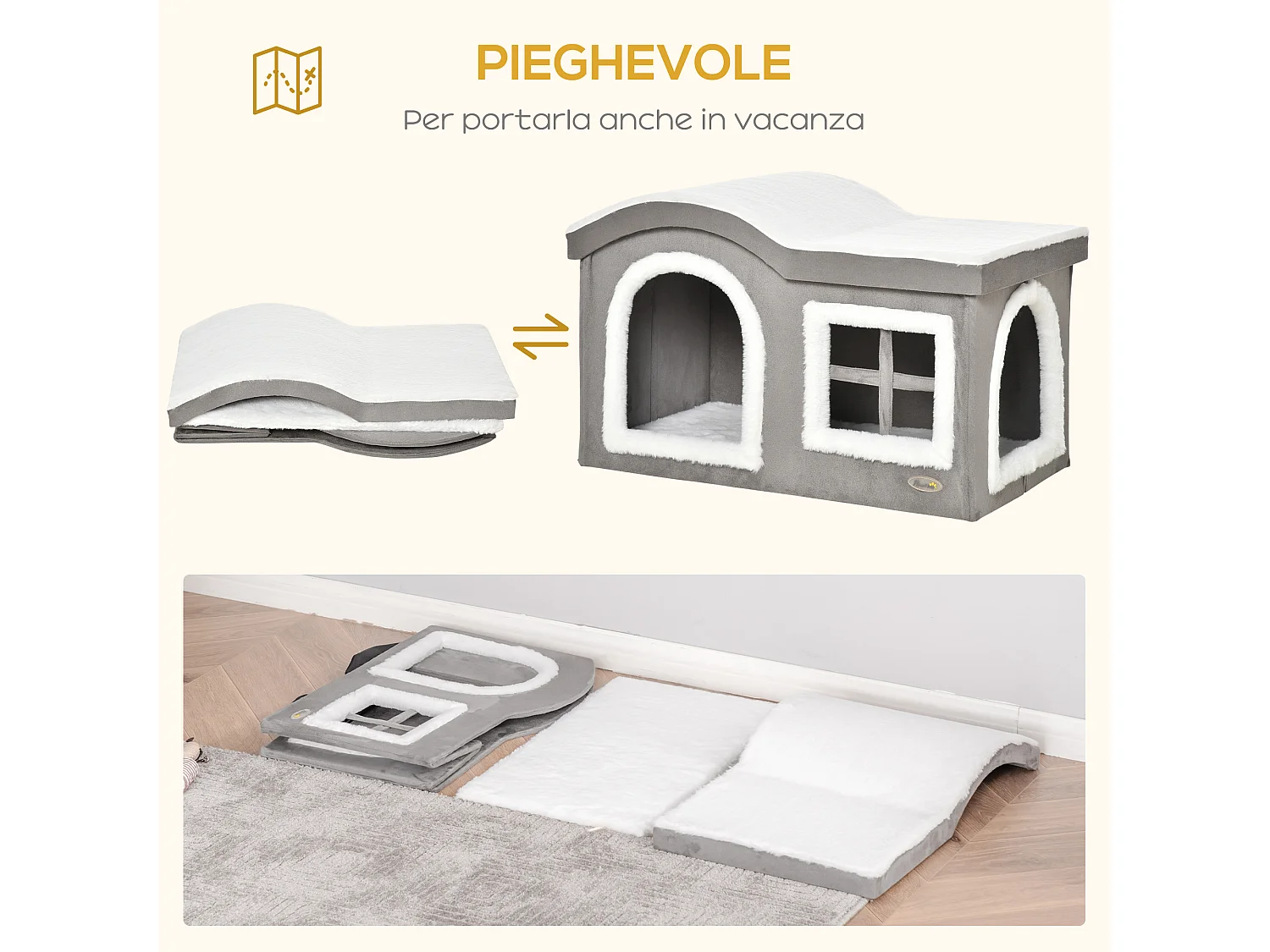 Casetta per gatti da interno con 2 entrate finestra e base antiscivolo