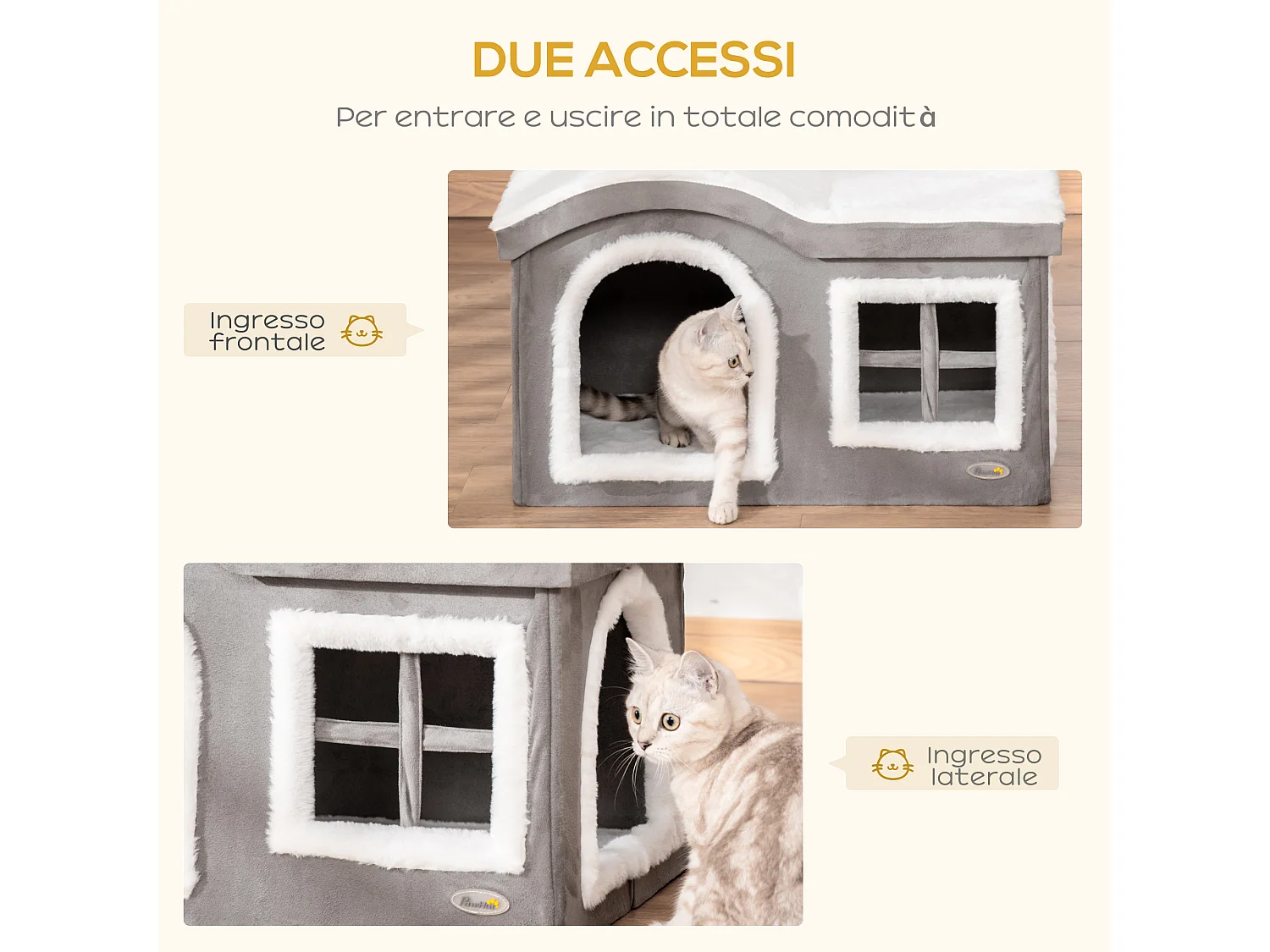 Casetta per gatti da interno con 2 entrate finestra e base antiscivolo