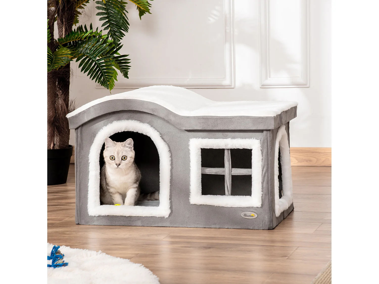 Casetta per gatti da interno con 2 entrate finestra e base antiscivolo
