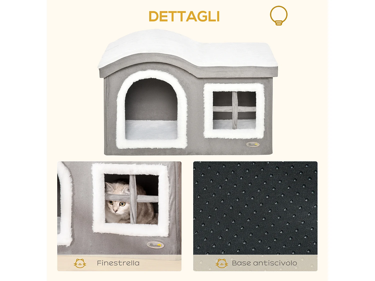 Casetta per gatti da interno con 2 entrate finestra e base antiscivolo