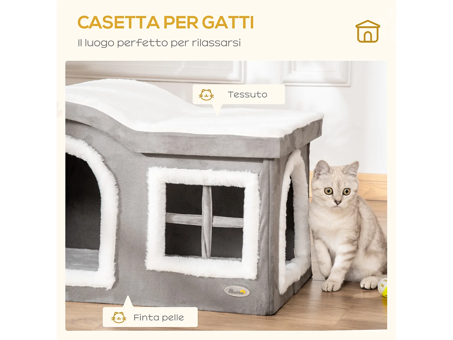 Casetta per gatti da interno con 2 entrate finestra e base antiscivolo