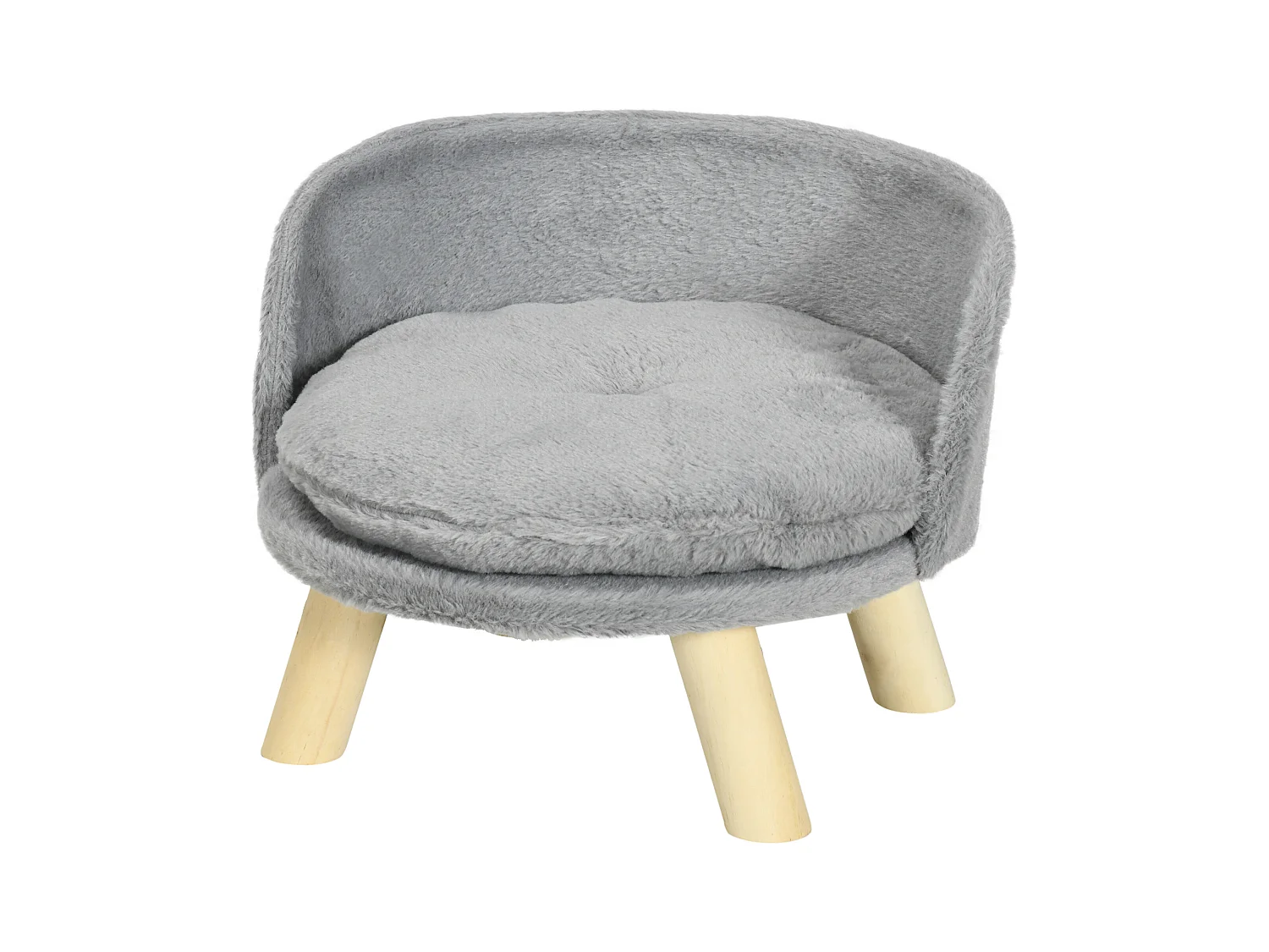 Divano per cani rotondo in tessuto di peluche e legno con cuscino