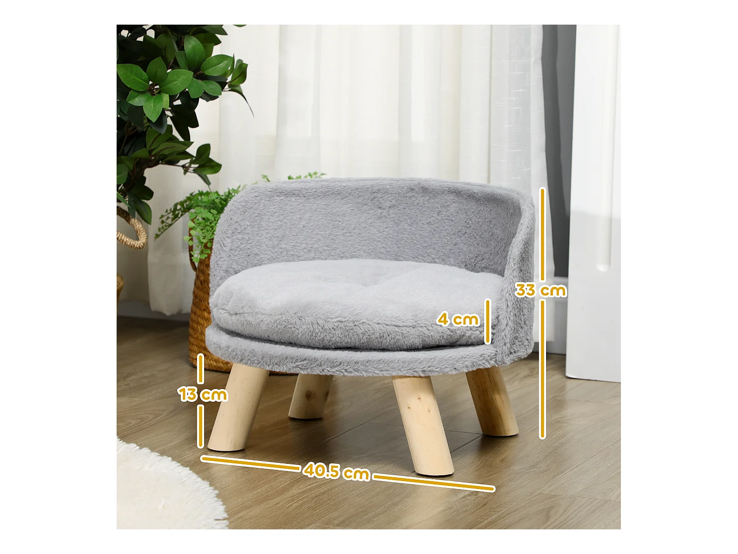 Divano per cani rotondo in tessuto di peluche e legno con cuscino