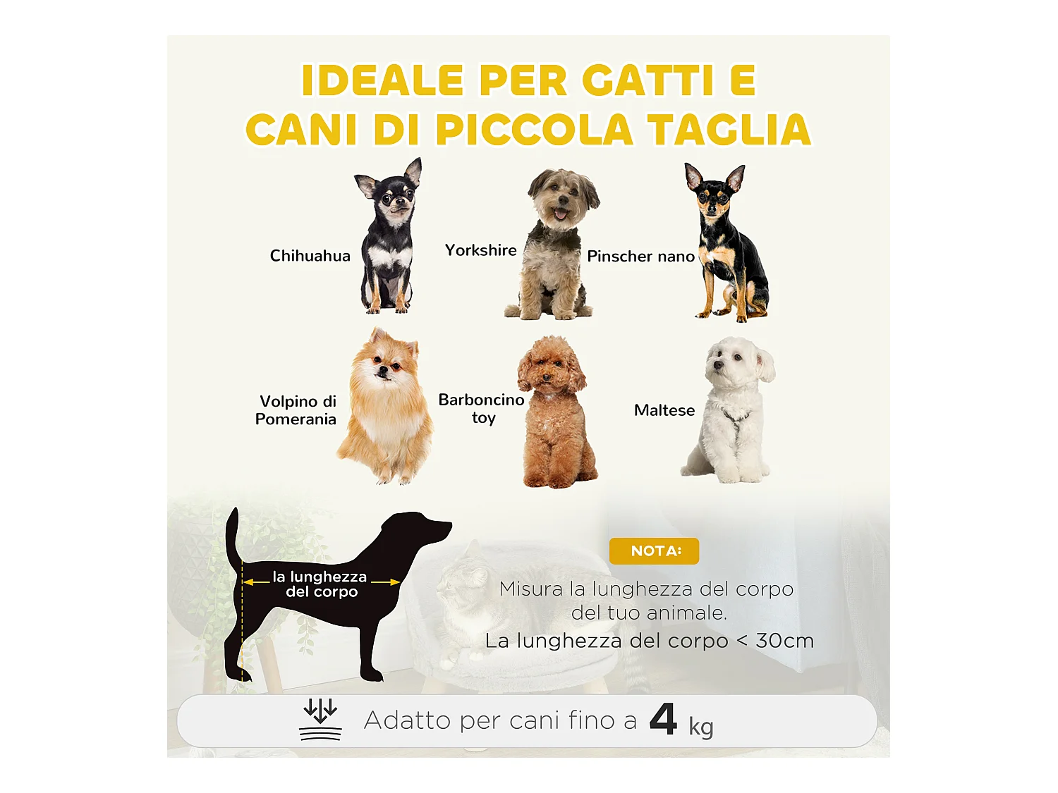 Divano per cani rotondo in tessuto di peluche e legno con cuscino