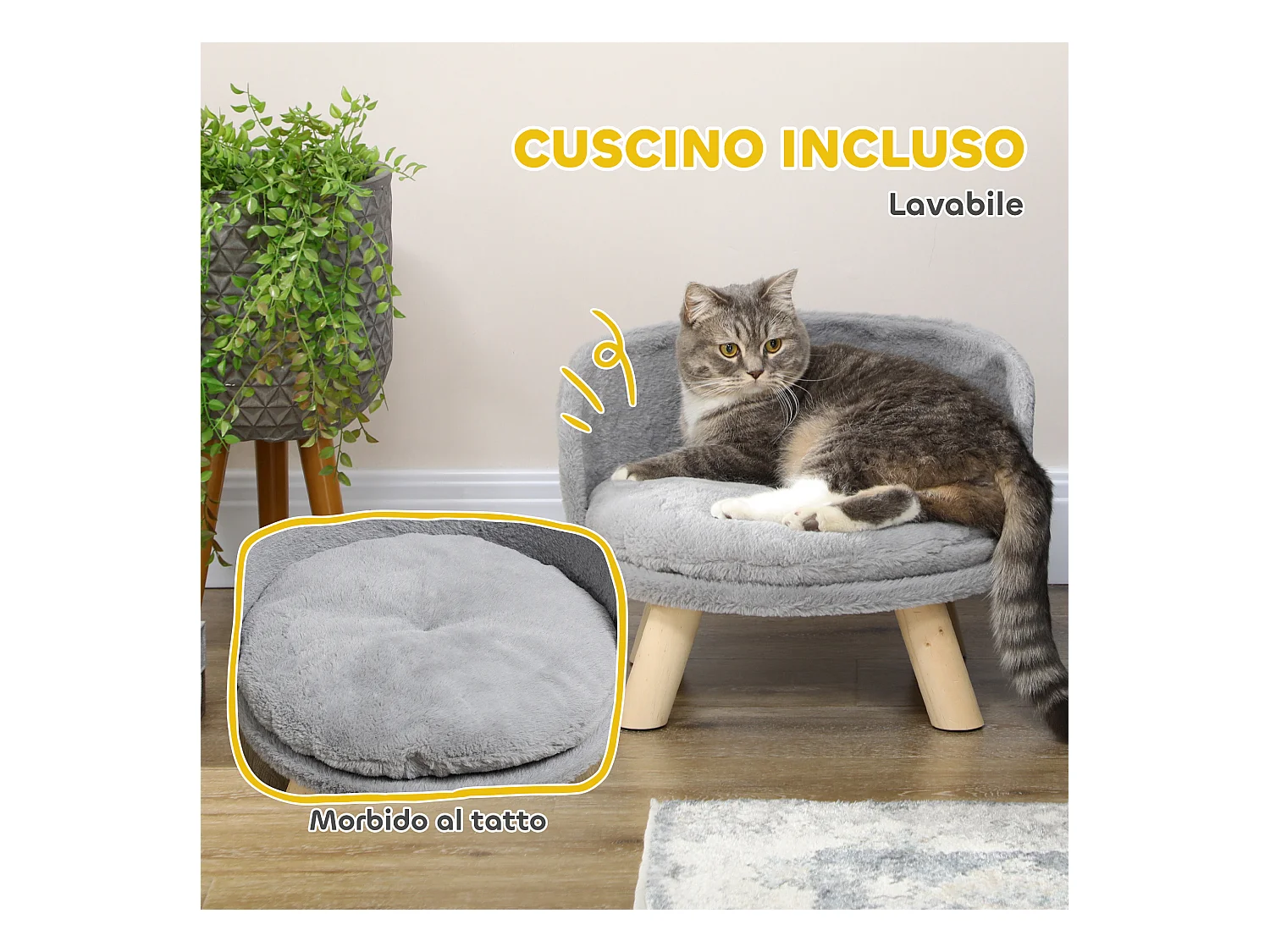 Divano per cani rotondo in tessuto di peluche e legno con cuscino