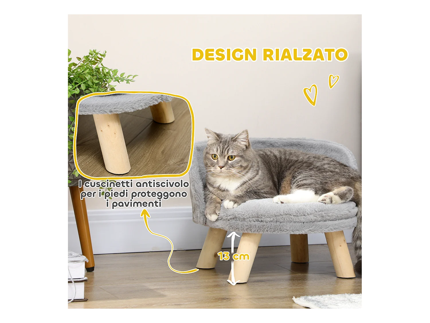 Divano per cani rotondo in tessuto di peluche e legno con cuscino