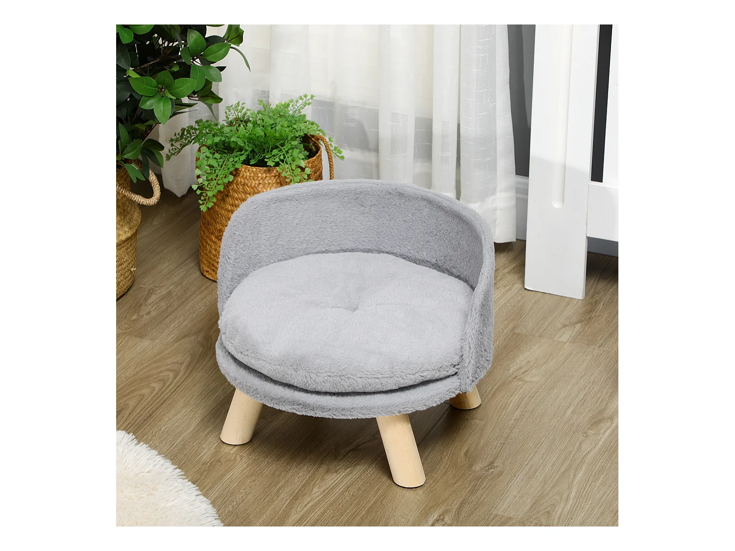 Divano per cani rotondo in tessuto di peluche e legno con cuscino