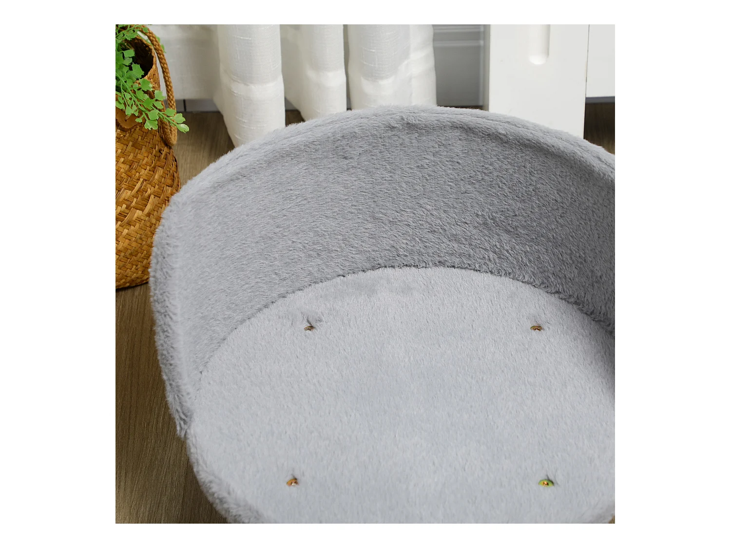 Divano per cani rotondo in tessuto di peluche e legno con cuscino