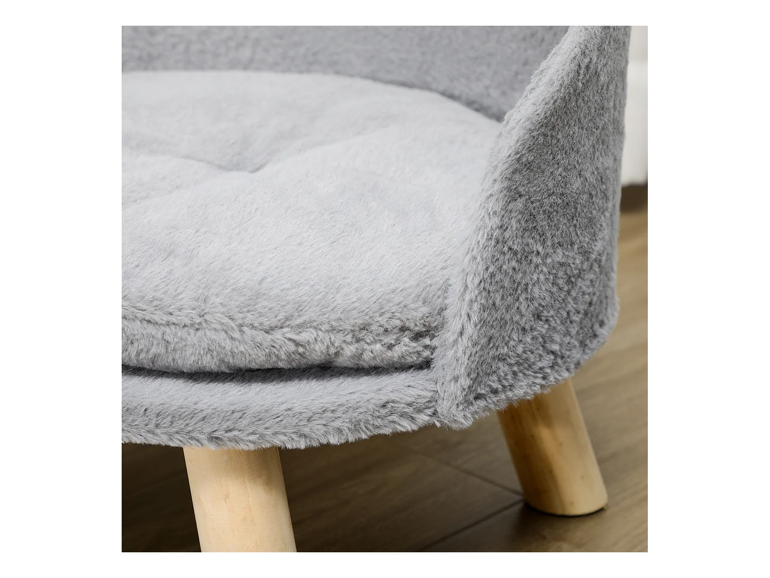 Divano per cani rotondo in tessuto di peluche e legno con cuscino