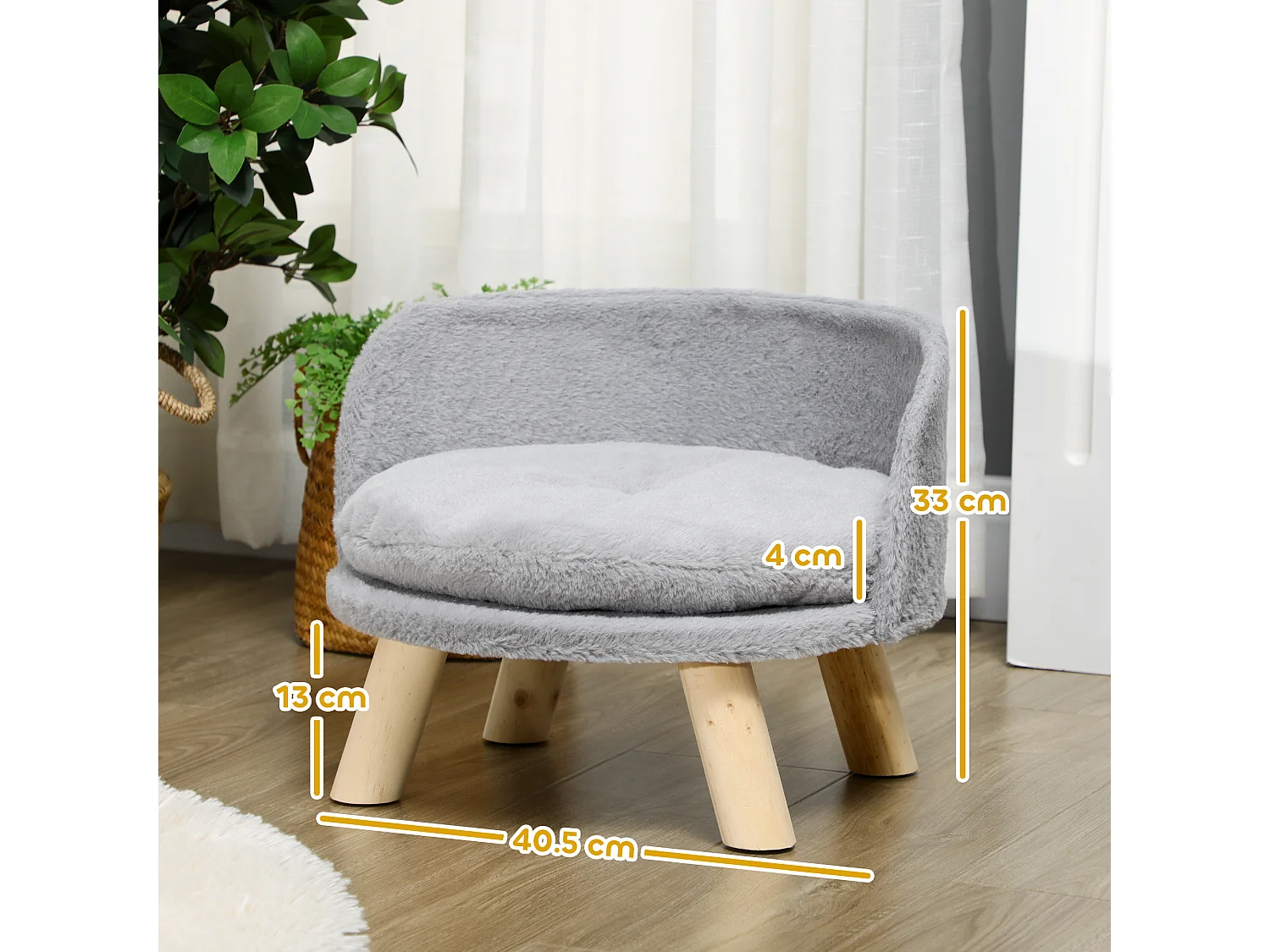 Divano per cani rotondo in tessuto di peluche e legno con cuscino