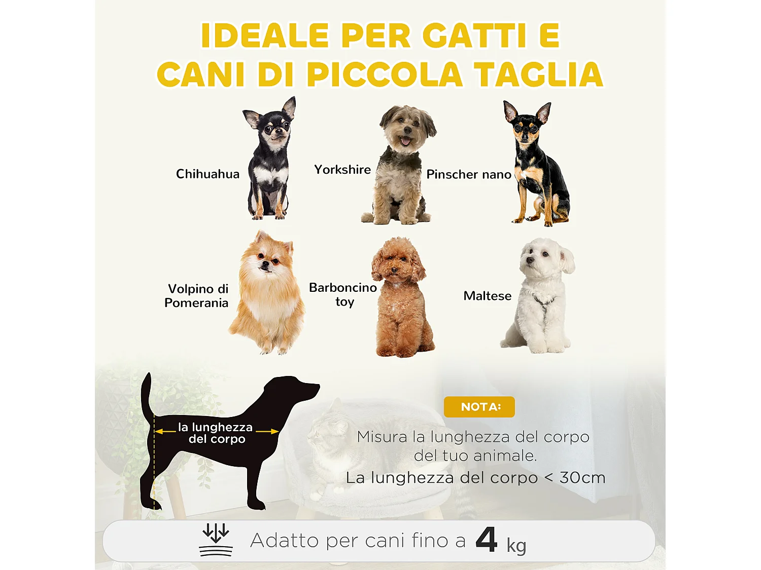 Divano per cani rotondo in tessuto di peluche e legno con cuscino