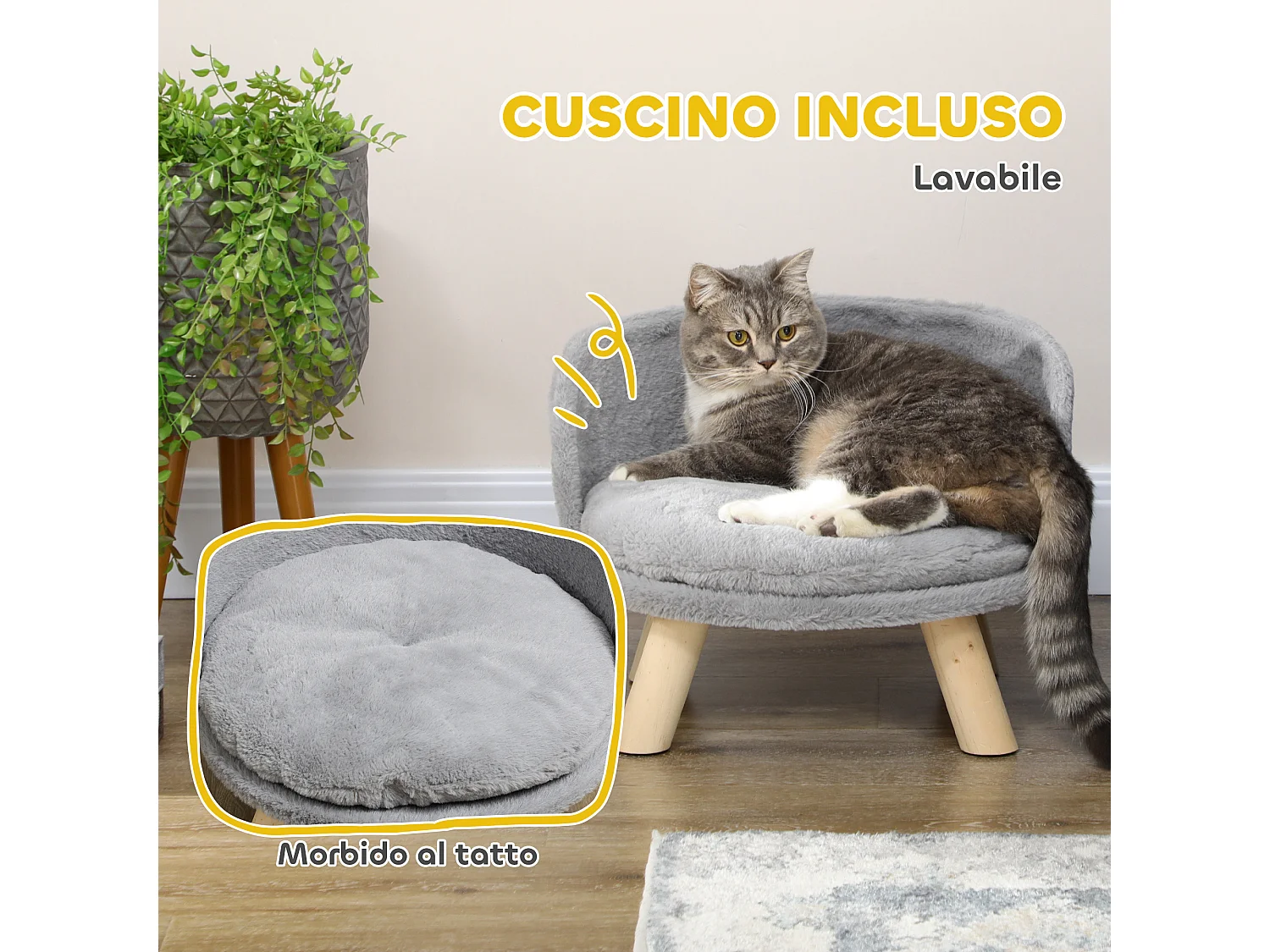 Divano per cani rotondo in tessuto di peluche e legno con cuscino