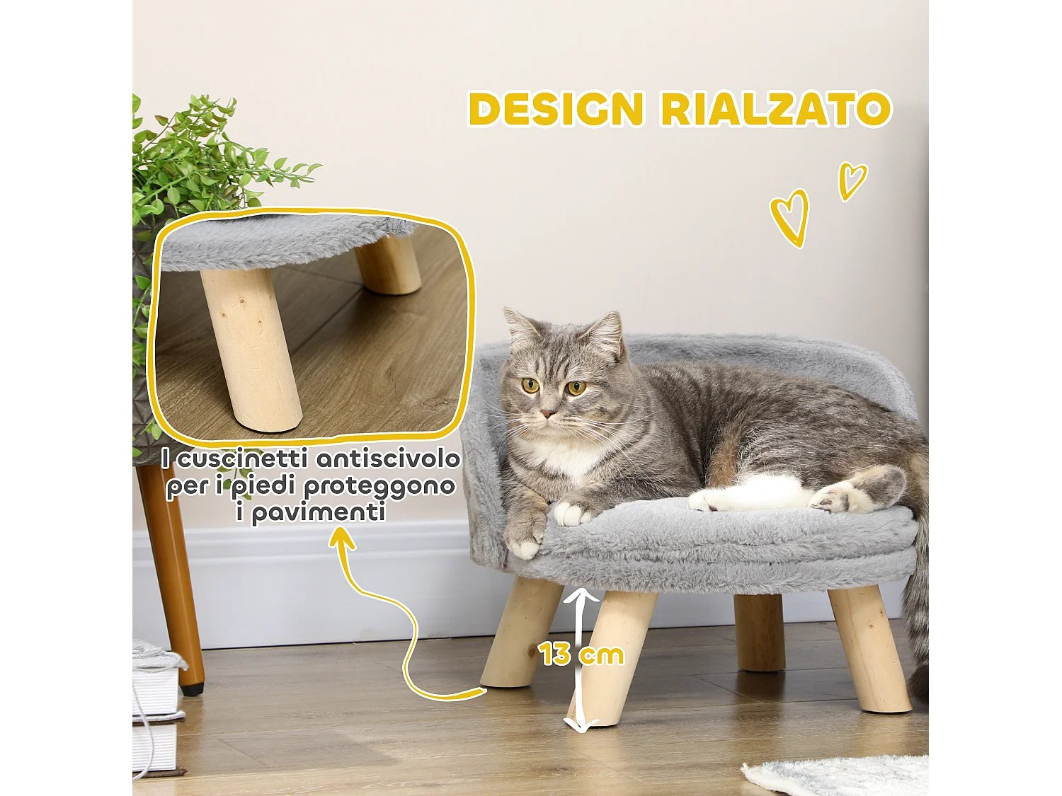 Divano per cani rotondo in tessuto di peluche e legno con cuscino